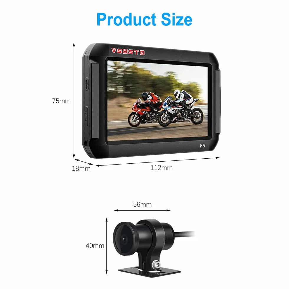 VSYSTO 4-calowy ekran WiFi Motocykl Dash Cam, tryb telefonu Bluetooth, czujniki ciśnienia w oponach, GPS, czujnik temperatury, monitoring parkingu, kamera przednia HD 1080P SONY307 (F9L)
