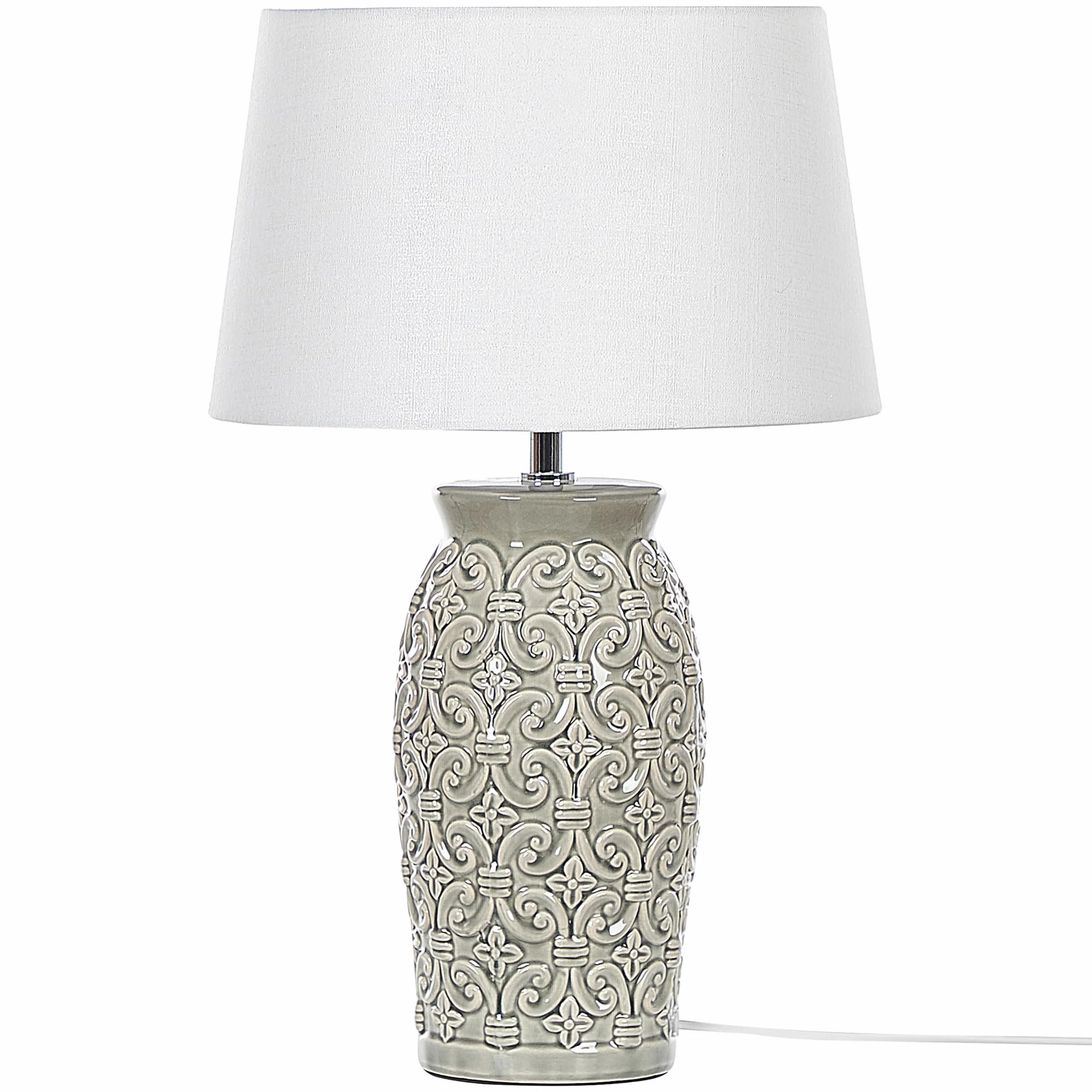 Elegancka lampa stołowa nocna ceramiczna szara z białym abażurem Khoper