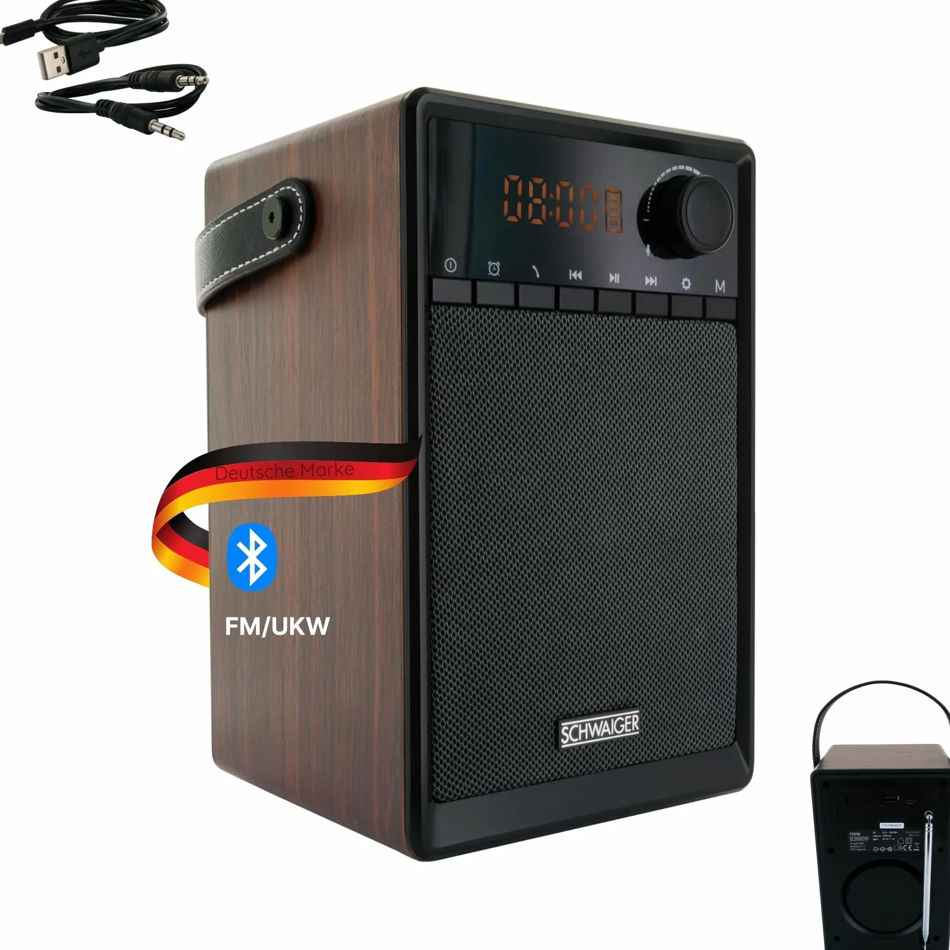 SCHWAIGER 715736 Przenośny radiobudzik analogowy FM Bluetooth Głośnik muzyczny Radio AUX Micro-SD Drewniany wyświetlacz LED