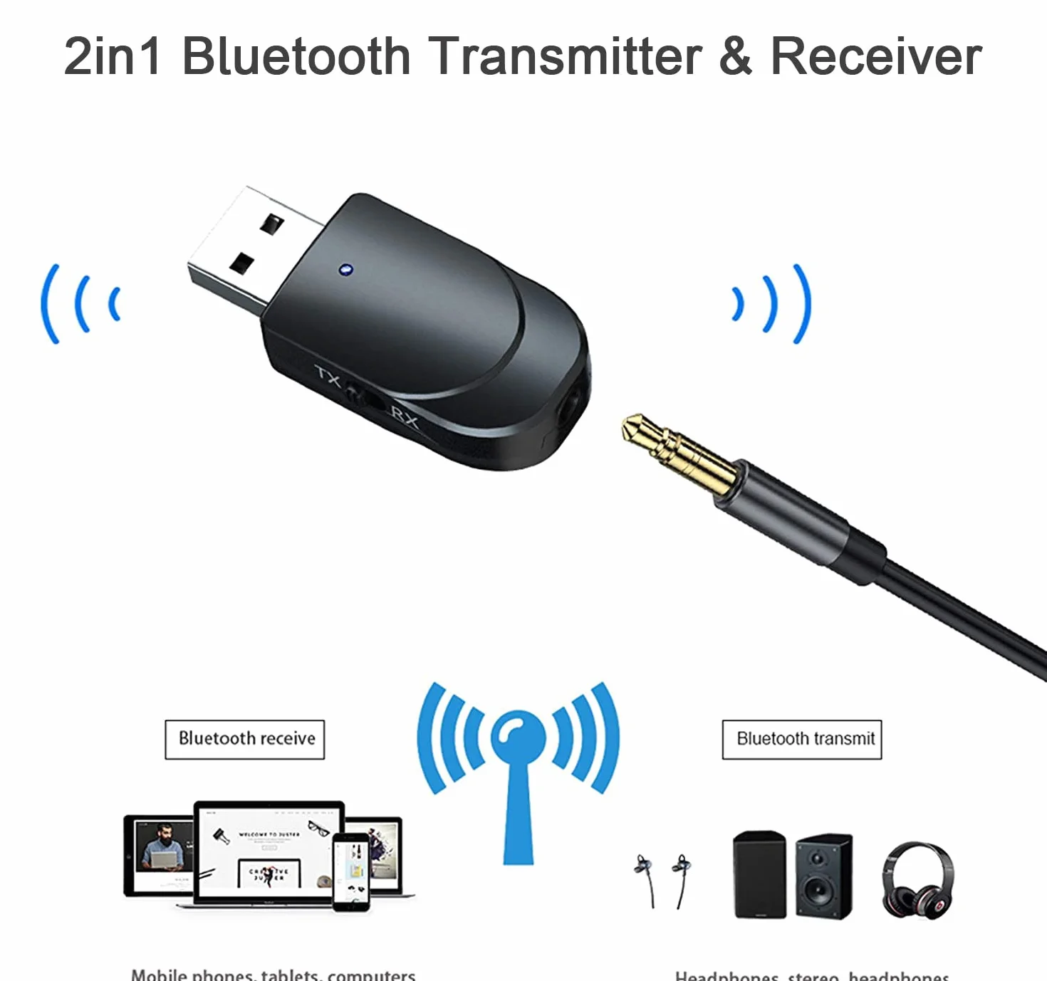 Adapter Bluetooth 5.0 USB 2 w 1 nadajnik z 3,5 mm AUX zasięg 10 m