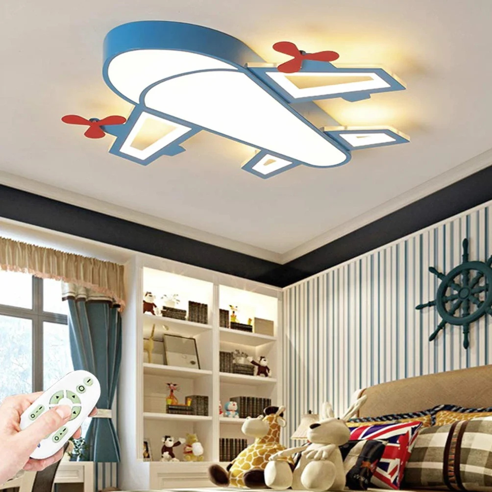 Lampa sufitowa LED do pokoju dziecięcego, sypialni, z motywem kreskówki, niebieskie samoloty, żyrandole, oświetlenie pokoju, kreatywne oświetlenie pokoju dziecięcego, z pilotem zdalnego sterowania, możliwość ściemniania, 50 cm, 36 W