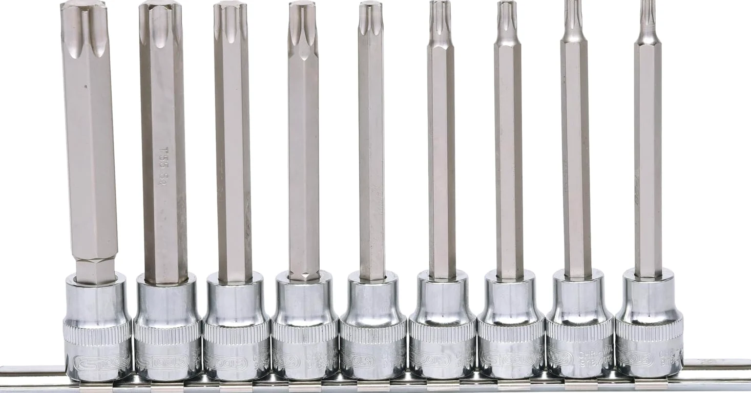 KS Tools 918.1550 3/8"CHROMEplus Zestaw gniazd bitówdla srub Torx, dlugich 9-szt, T20-T60
