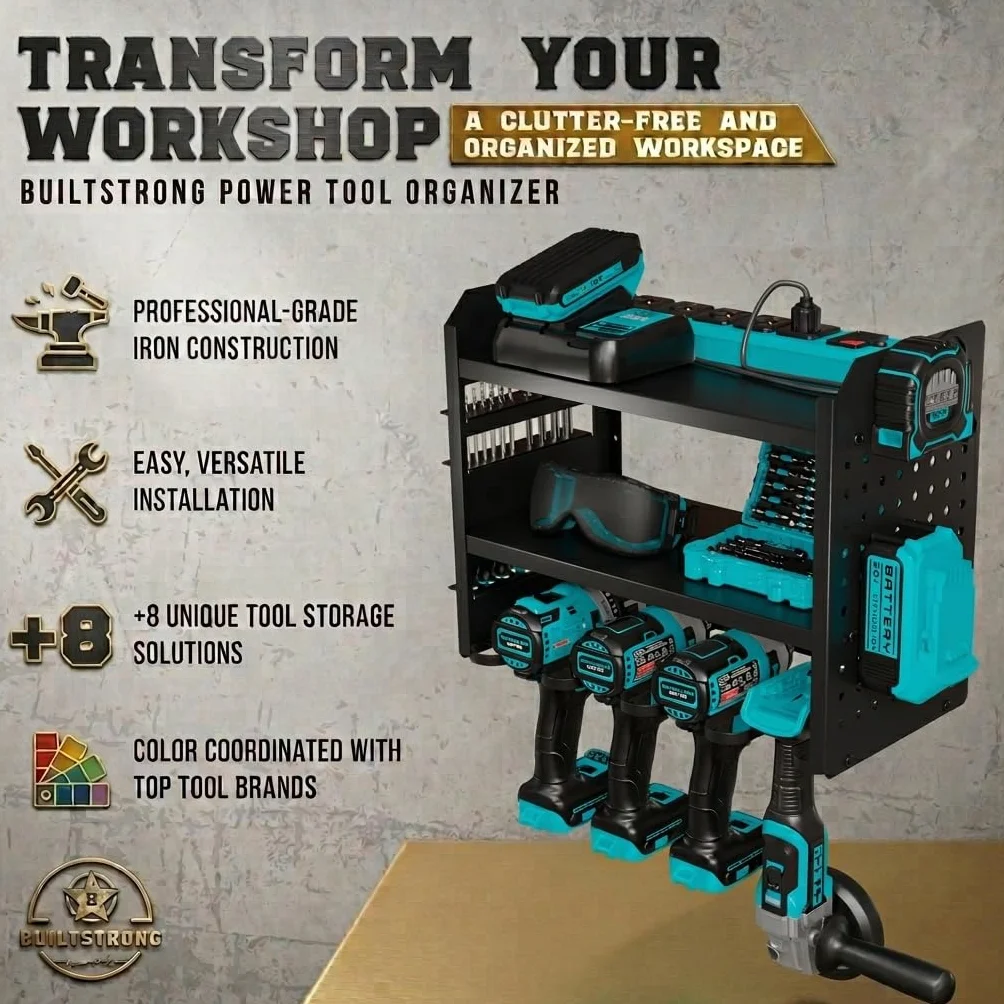 BUILTSTRONG Power Tool Organizer Wall Mount - 3-Tier Heavy-Duty Metal Hand Tool Storage Rack, Utility Racks, Drill Holder, PegBoard Side, & More - Garage Storage Cordless Tool Organizer (Black)