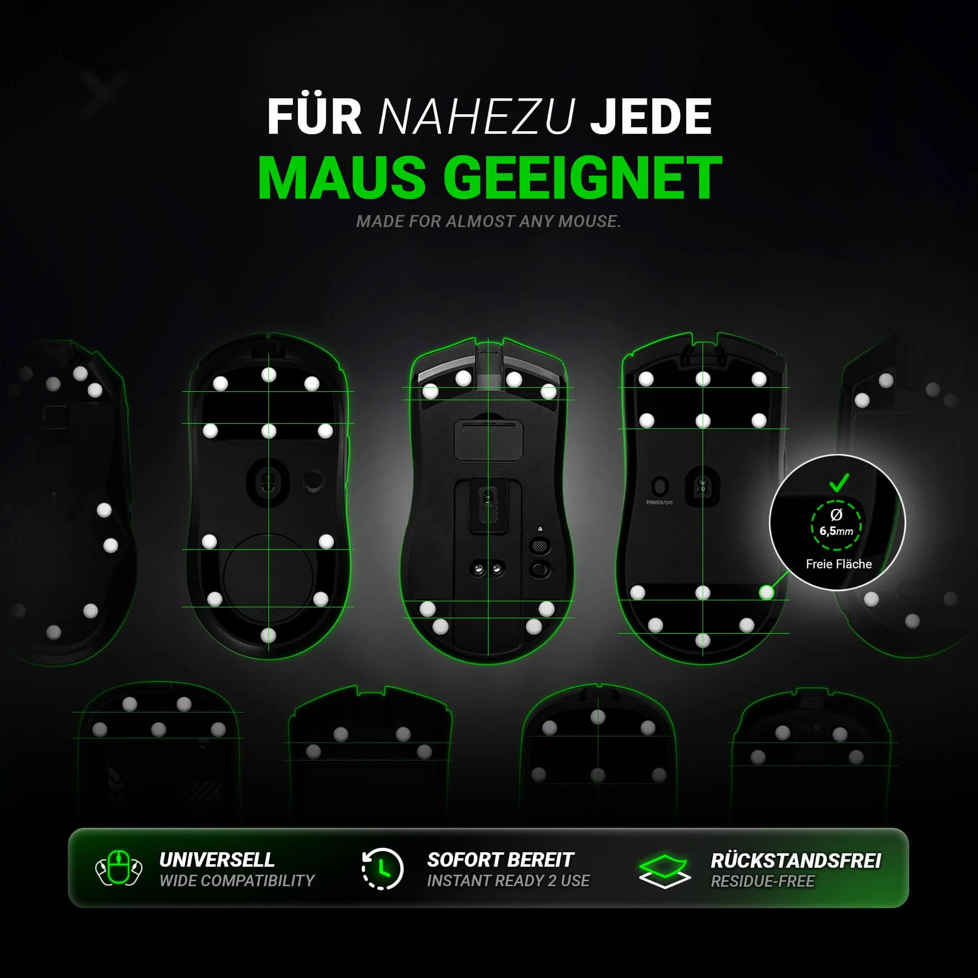 SensoryBoost ADS (d) Dot Skates (UPE) Uniwersalne nóżki pod mysz do równowagi między prędkością a kontrolą podkładki pod mysz z tkaniny i szkła (40 sztuk Ø 6,5 mm) zaokrąglone, ciche i bardzo