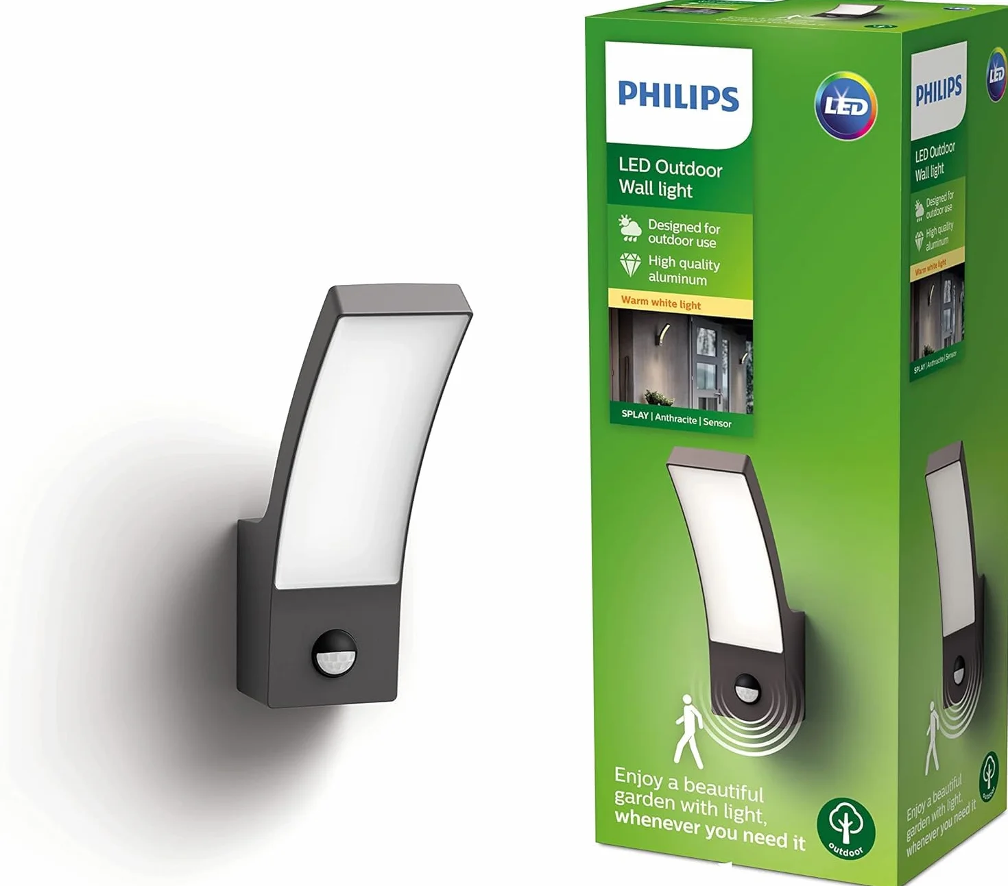 Philips Zewnętrzna lampa ścienna LED Splay z czujnikiem, 12 W, antracyt, ciepłe białe światło 2700 K, klasa ochrony IP44, zintegrowane źródło światła