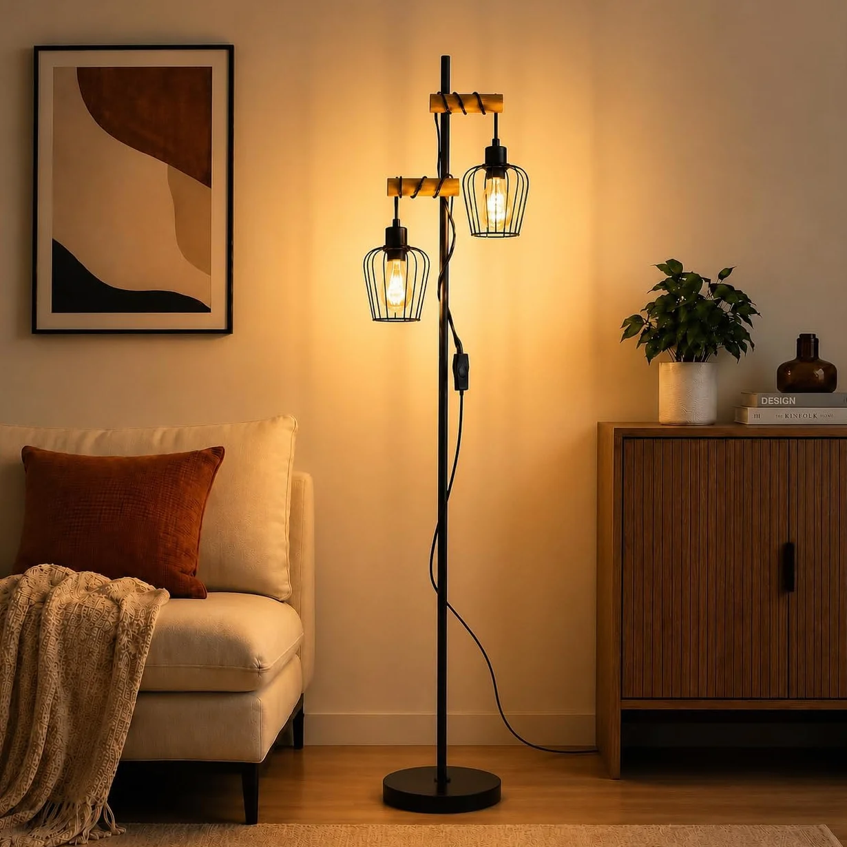 ZMH Lampa podłogowa do salonu z drewna, czarna stojąca lampa - Vintage lampa do salonu stojąca w stylu industrialnym, metalowa lampa stojąca, 2-płomienna, gwint E27, 151cm lampa stojąca do sypialni