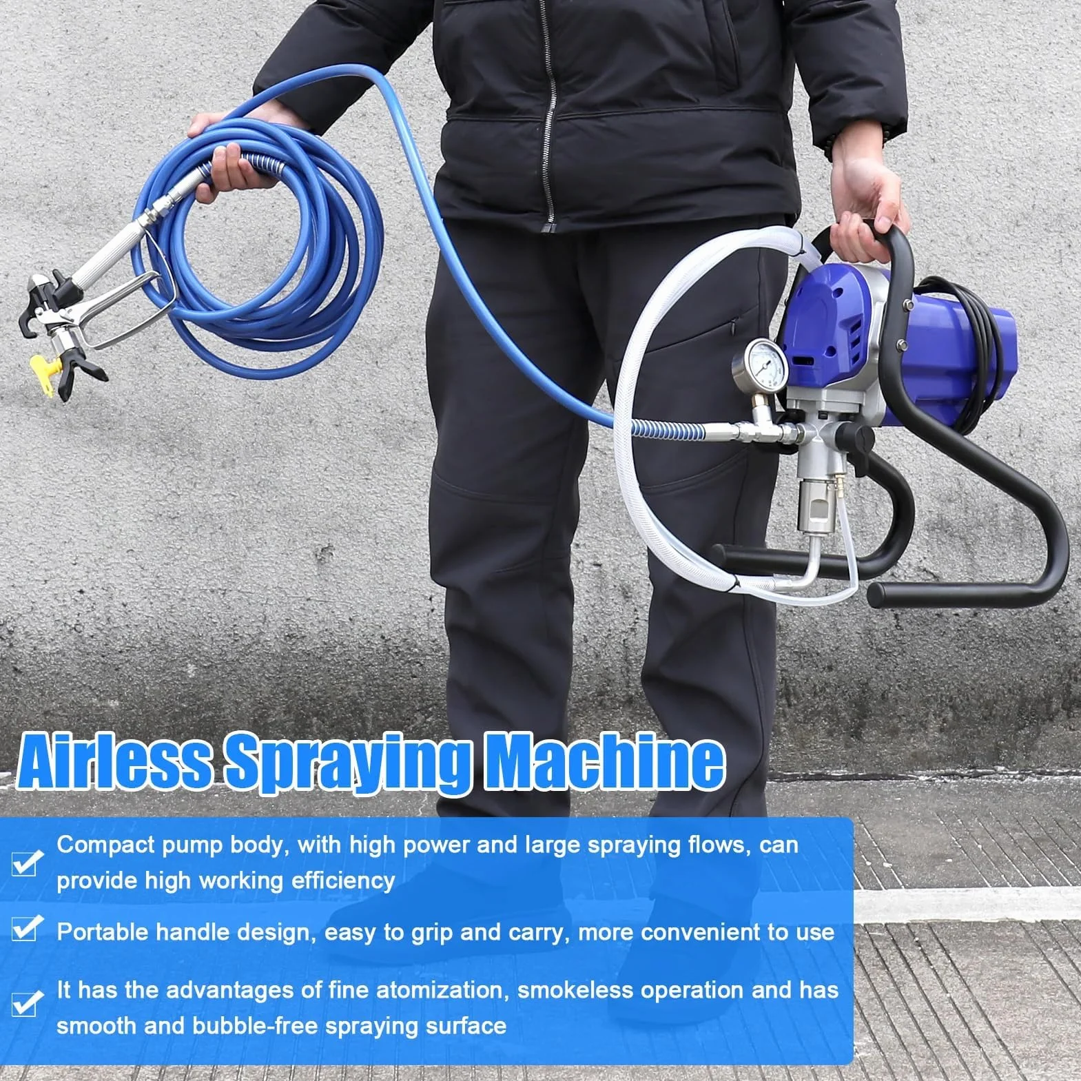 Airless maszyna do malowania natryskowego 750 W, wysokociśnieniowy opryskiwacz z wężem 10 m, regulowany do ścian, sufitów, drewna, metalu – 1,2 l/min łatwe nakładanie farby