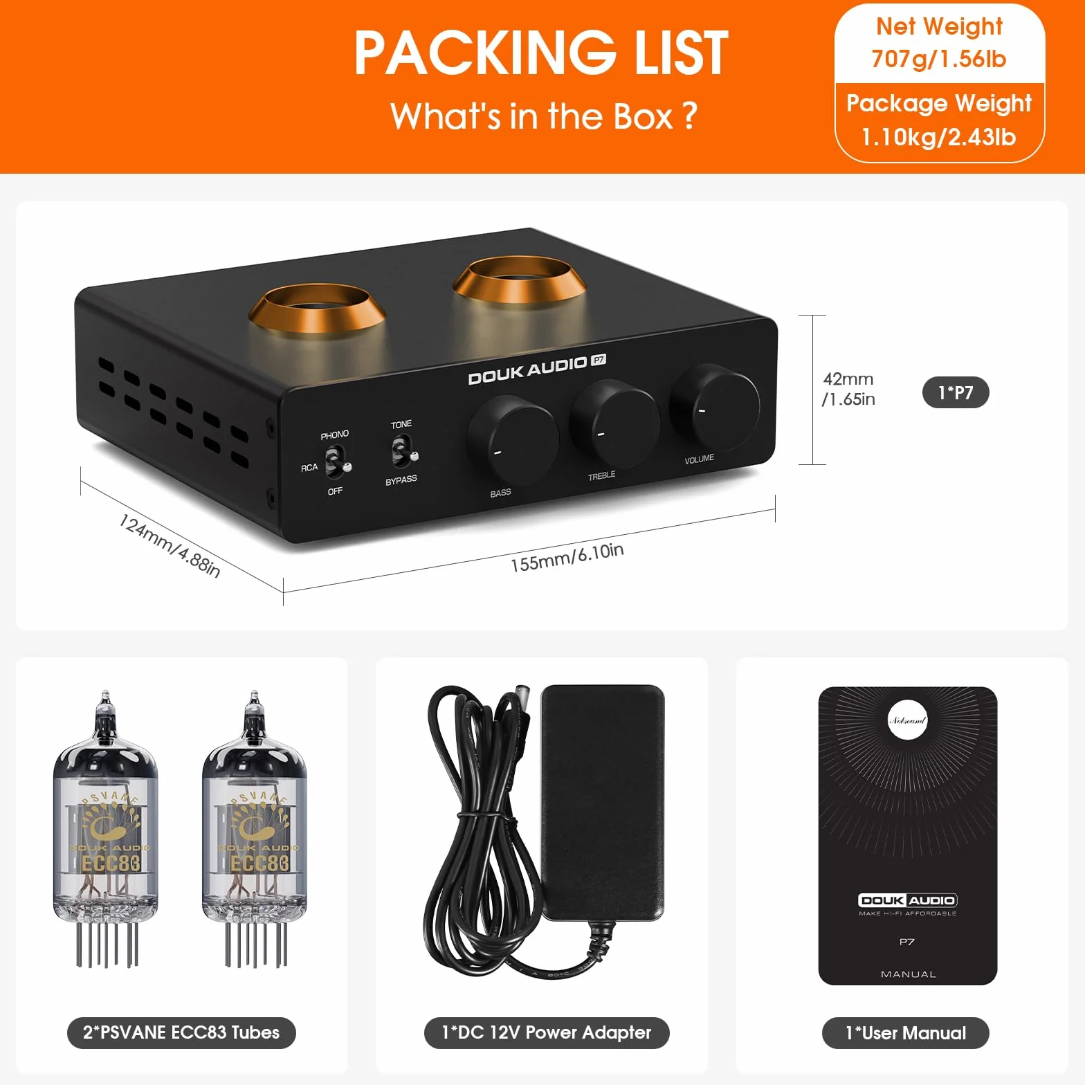 Douk Audio P7 przedwzmacniacz phono ECC83 lampowy z wyjściem Balanced XLR, filtr HF, regulacja basu