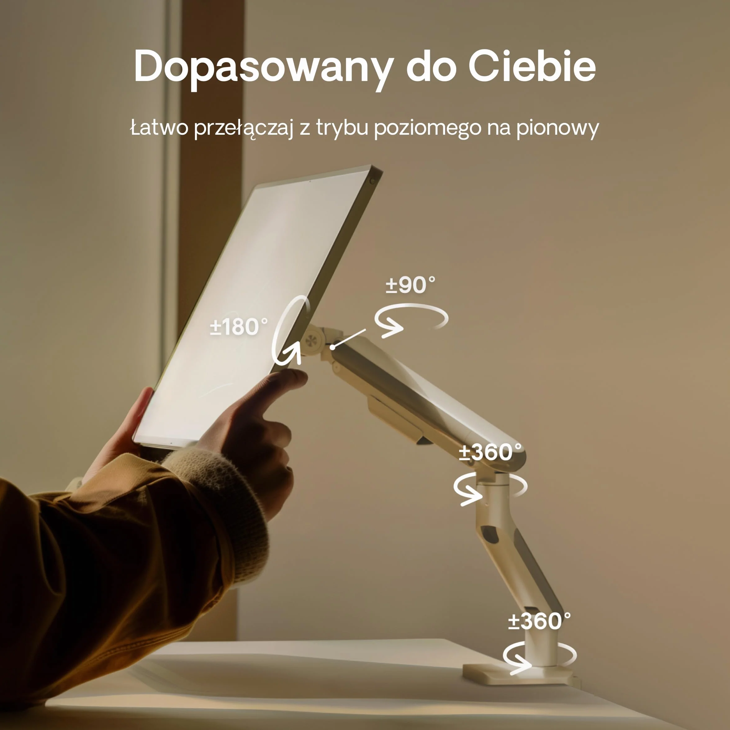 Desktronic Pojedynczy stojak na monitor, regulowane ramię monitora, uchwyt biurkowy, obrót o 360° i pełne nachylenie ruchu, ergonomiczny, VESA 75/100 mm, biały
