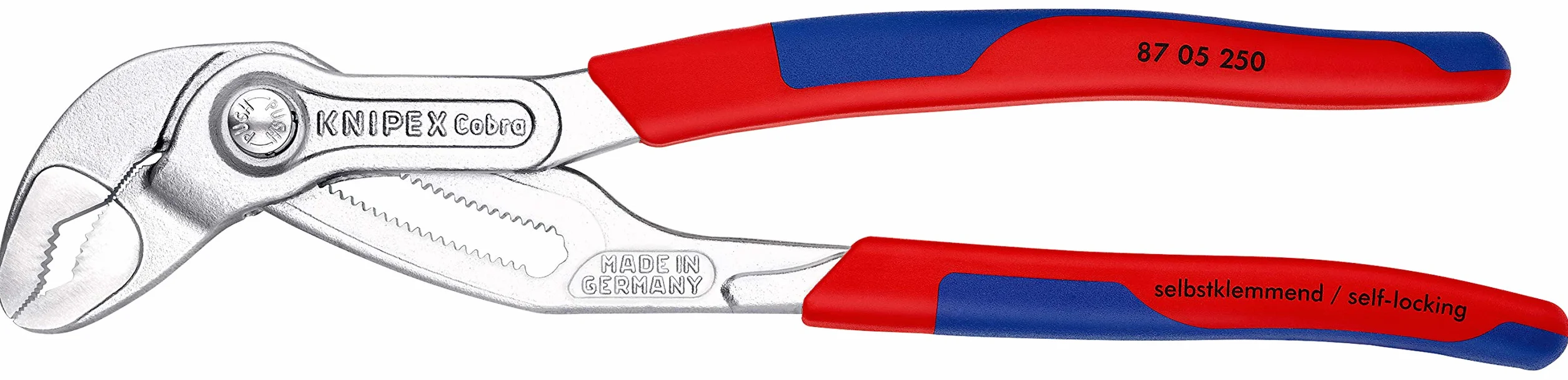 KNIPEX Cobra Szczypce nastawne do rur nowej generacji chromowany z wąskimi, wielokomponentowymi nasadkami 250 mm, 87 05 250