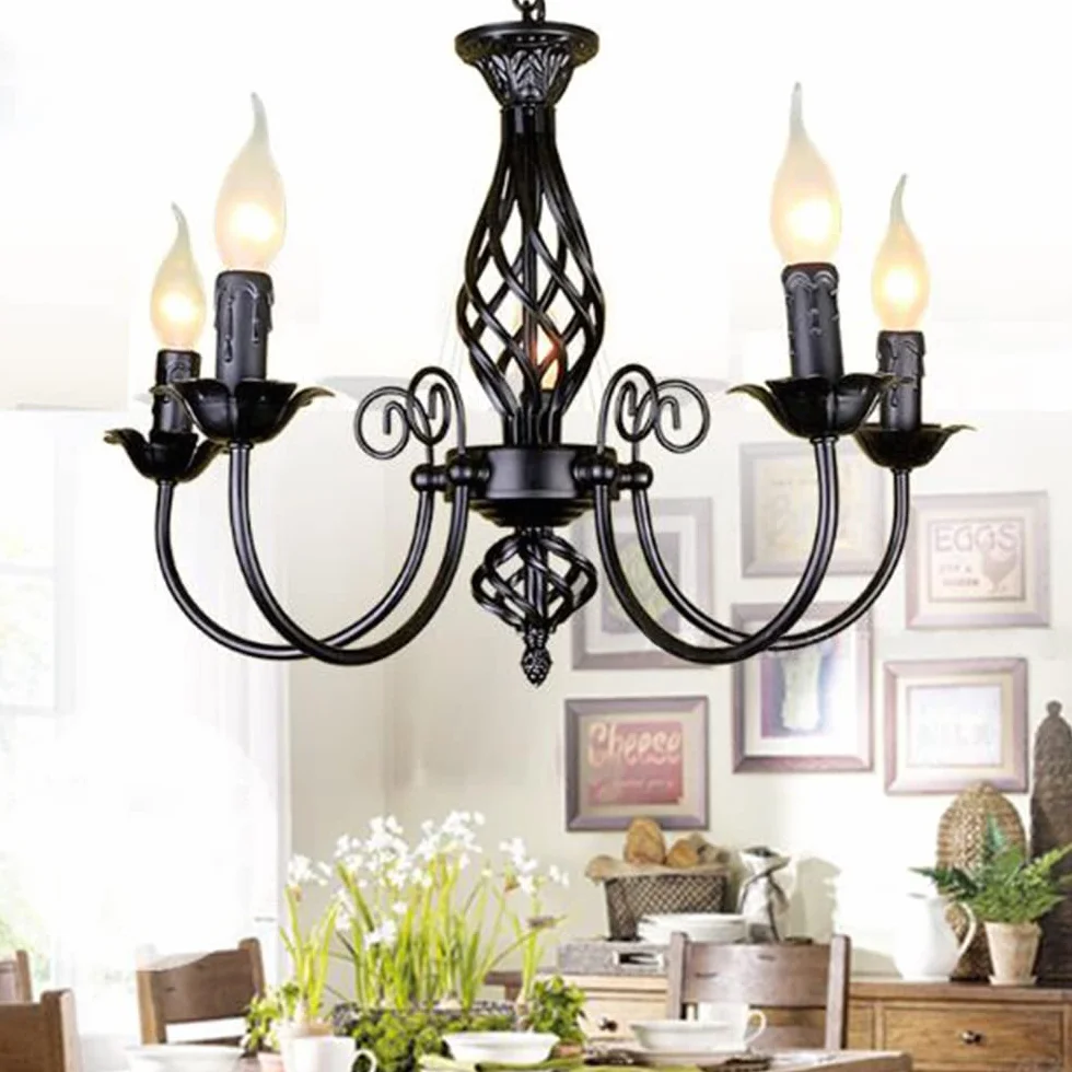 Antyczny żyrandol Klasyczny E14 świeca Lampa Wisząca Francuska Retro Czarna Lampa Wisząca z Regulacją Wysokości Wiejski Styl Oświetlenie do Salonu Kuchnia Jadalnia Alejek,5 heads