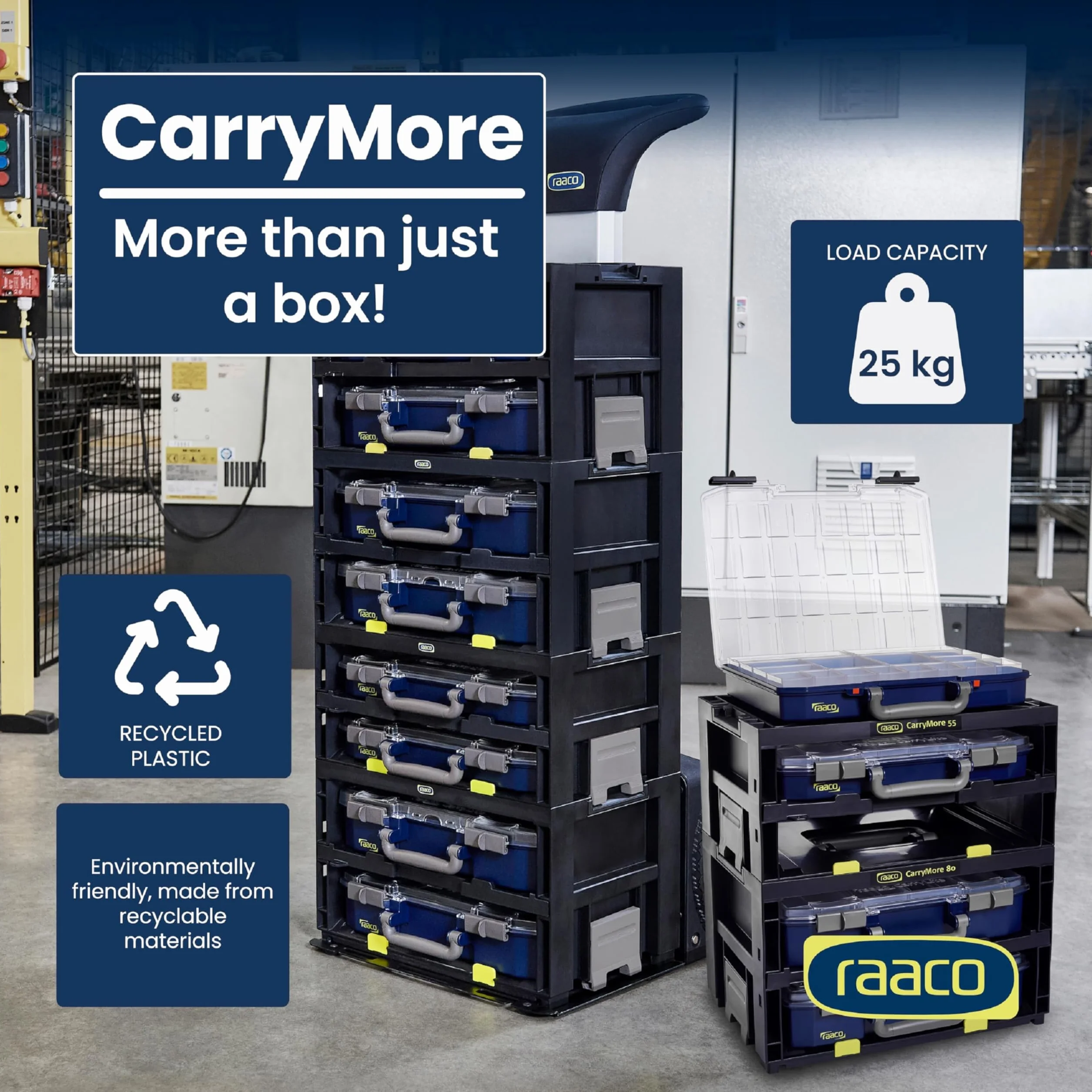 raaco CarryMore 55 x 2: lekka skrzynka asortymentowa do warsztatu, Kistenberg z 2 skrzynkami do sortowania małych części, nośność 25 kg, bezpieczny transport przechowywania, magazynek na małe części