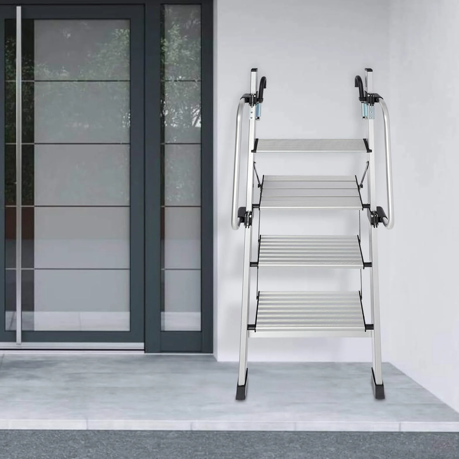 Schody na poddaszu 4-stopniowa aluminiowa drabina na łóżko piętrowe, nośność 150 kg, składana drabina z haczykiem, do kampera w akademiku loft schody
