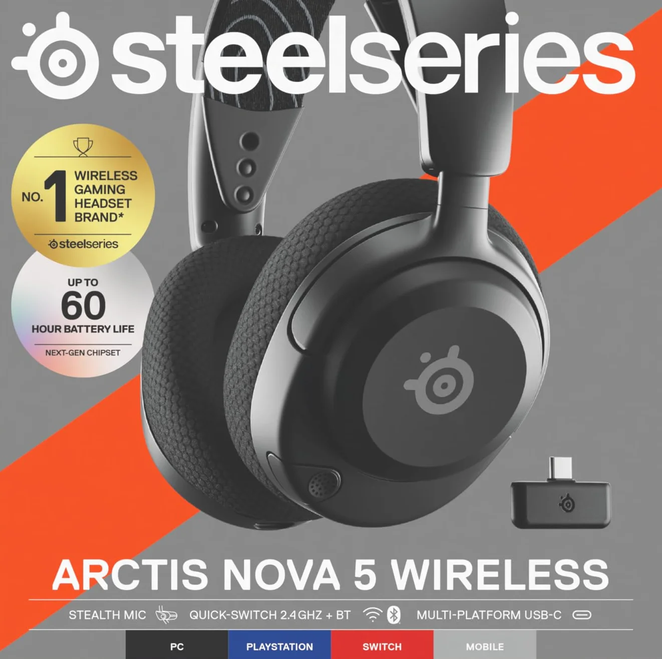 SteelSeries Arctis Nova 5 -słuchawki wi-fi do gier– neodymowe przetworniki magnetyczne– Ponad 100 ustawień wstępnych dźwięku– 60 godz baterii– 2,4 GHz lub BT– Mik.ClearCast Gen2– PC,PS5,Switch,telefon