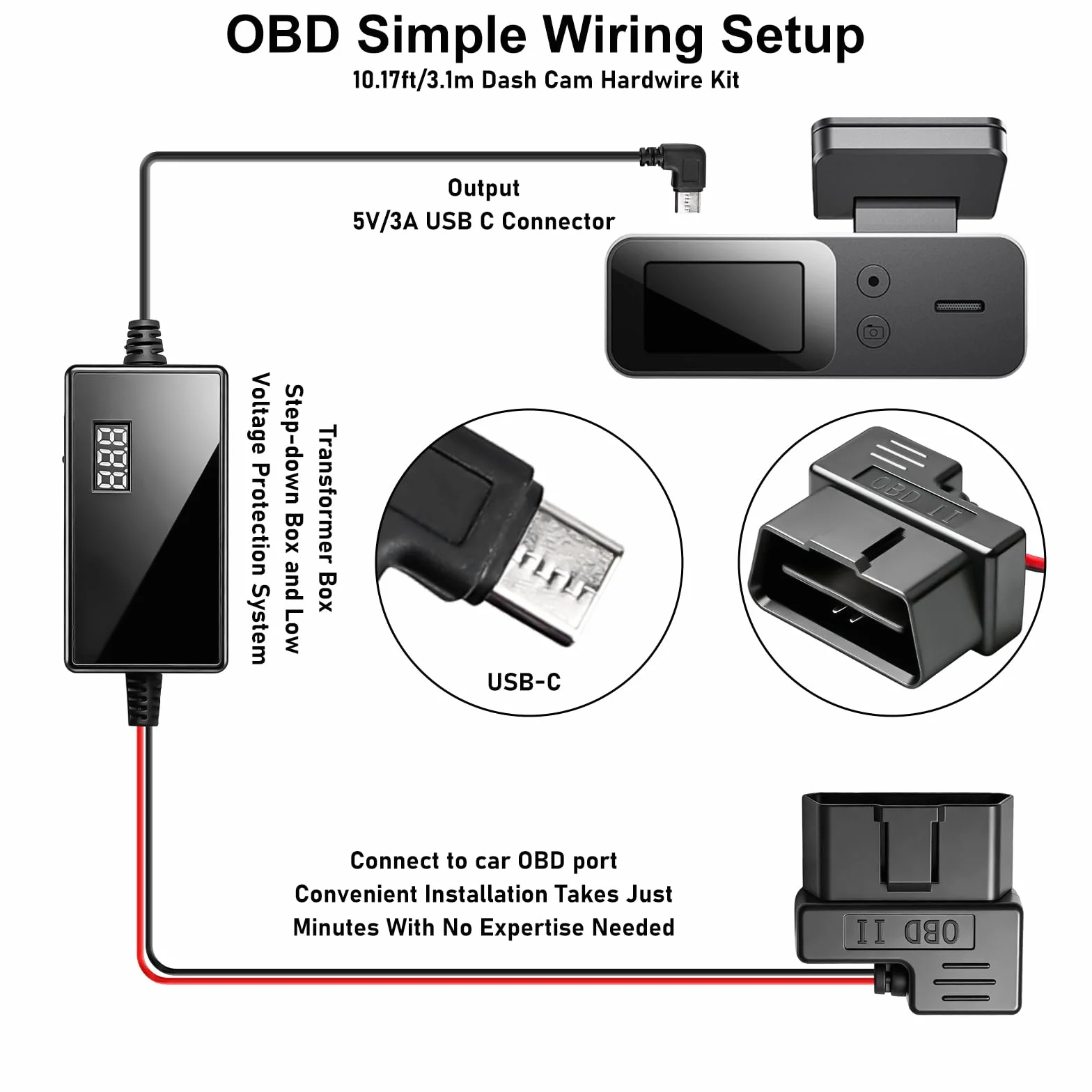 Aicharynic Dash Cam Hardwire Kit, kabel OBD do USB C 2 V-24 V do 5 V, ochrona przed zbyt niskim napięciem
