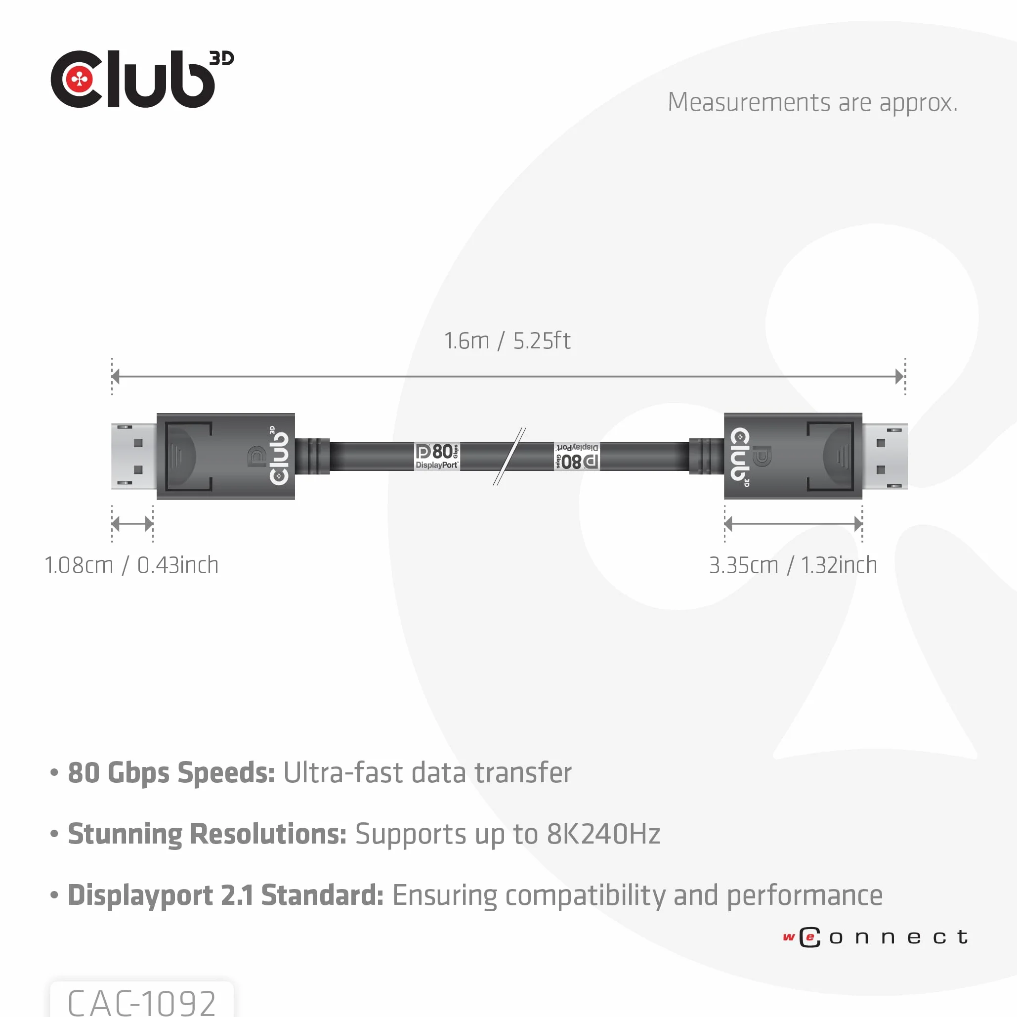 Club3D CAC-1092 DisplayPort 2.1 kabel dwukierunkowy VESA DP80 certyfikowany 4K240Hz 8K60Hz 10K60Hz M/M 1,6 m