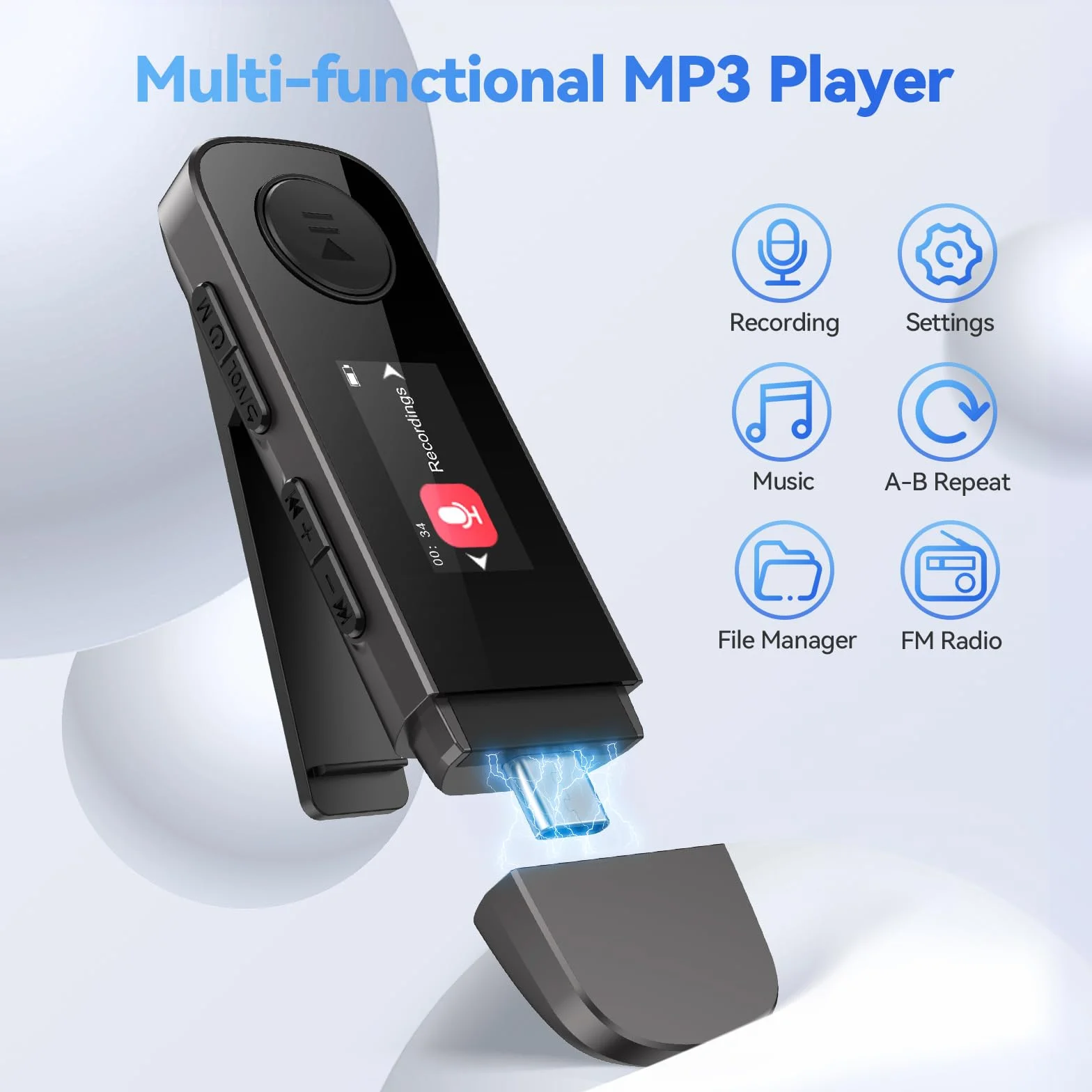 AGPTEK Przenośny Odtwarzacz MP3 64 GB z Bluetooth, Typ C i USB, Klips, Pamięć z Radiem FM, Nagrywanie, Obsługa Połączenia Telefonu, Czarny