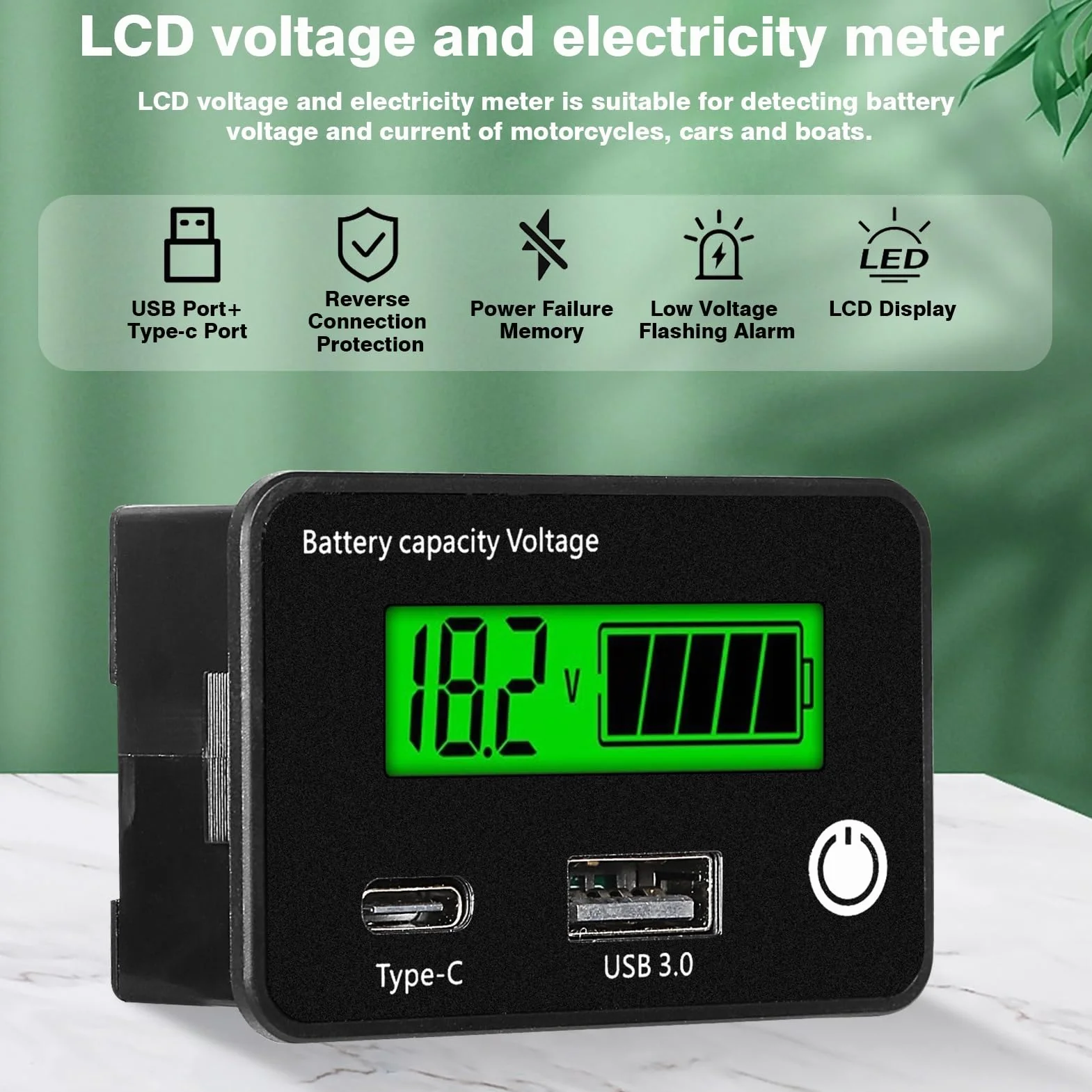 DEWIN Monitor pojemności akumulatora 12 V, pojemność baterii, woltomierz, monitor baterii, wskaźnik naładowania z interfejsem USB i USB C, 12 V, 24 V, wskaźnik baterii ołowiowo-litowej