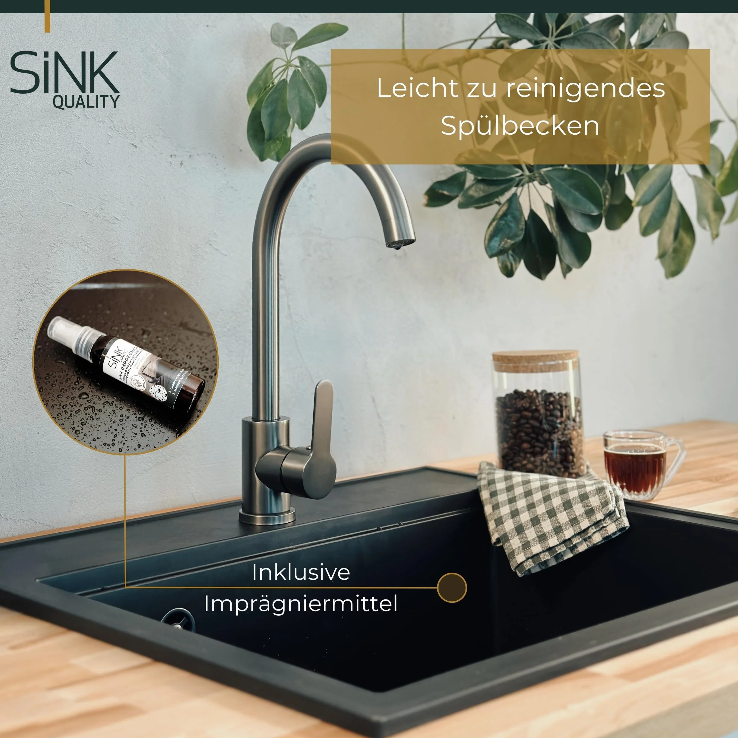 SINK Quality zlewozmywak czarny granit 56 x 51 cm – nowoczesny zlewozmywak kuchenny z deską do krojenia, syfonem Pop Up, ociekacz, środek impregnujący – zlewozmywak do zabudowy do szafki pod umywalkę