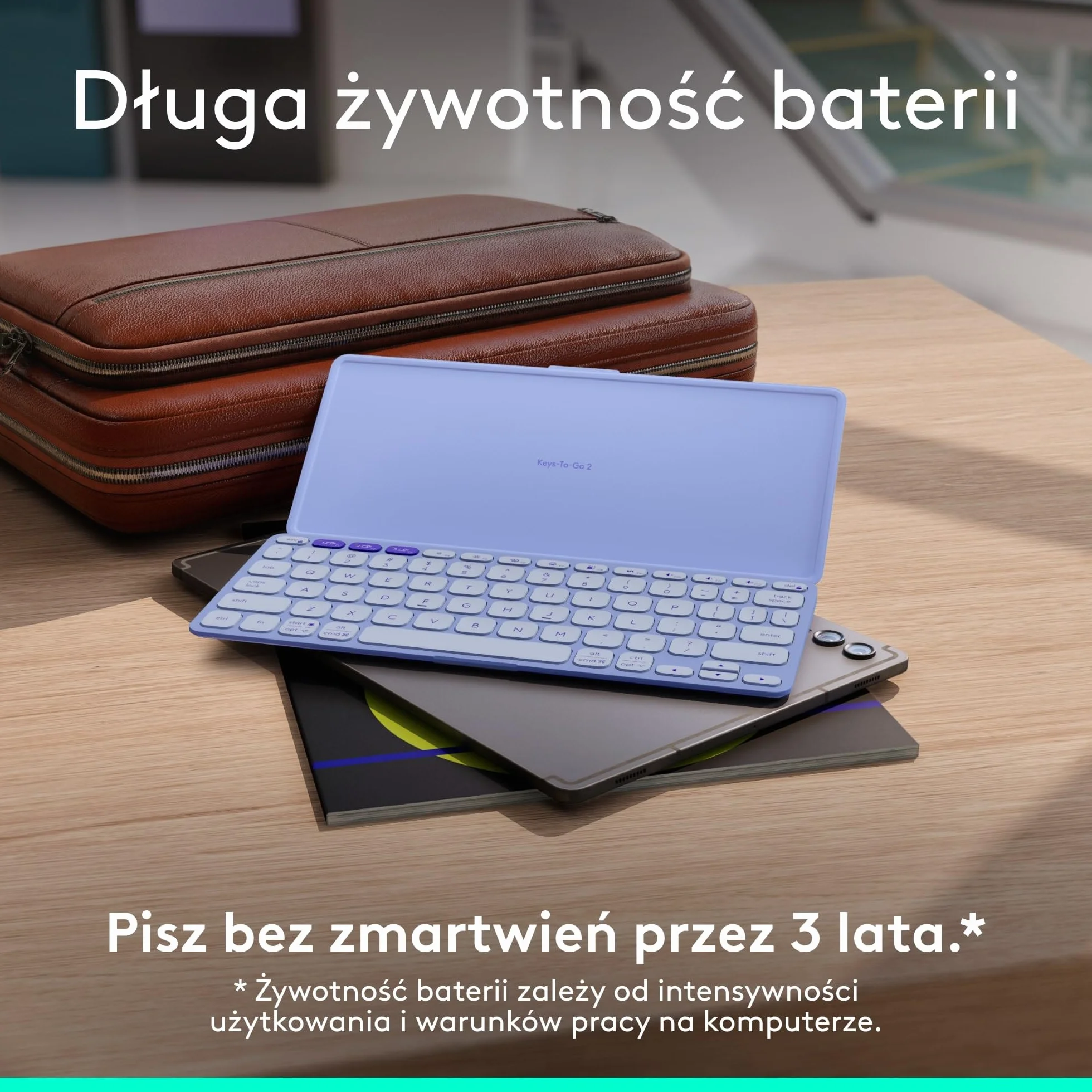 Logitech Keys-To-Go 2, przenośna klawiatura Bluetooth do tabletu z wbudowaną osłoną, smukła, bezprzewodowa do systemów Windows, Android, Linux, iPad, iPhone, Mac, Apple TV, QWERTY US INT'L - Liliowy