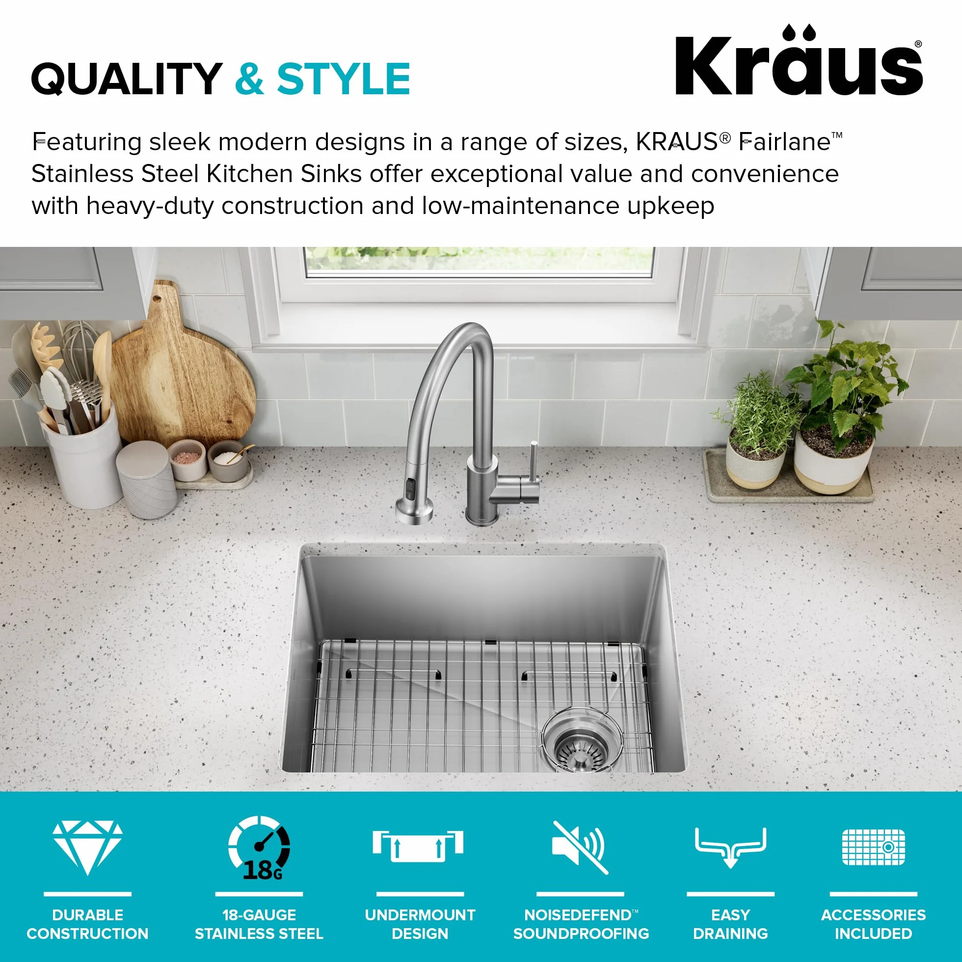 KRAUS KHU641-25 Fairlane Wpuszczany pod blat zlew kuchenny ze stali nierdzewnej o grubości ok. 1,2 mm, pojedyncza komora, 63,5 cm