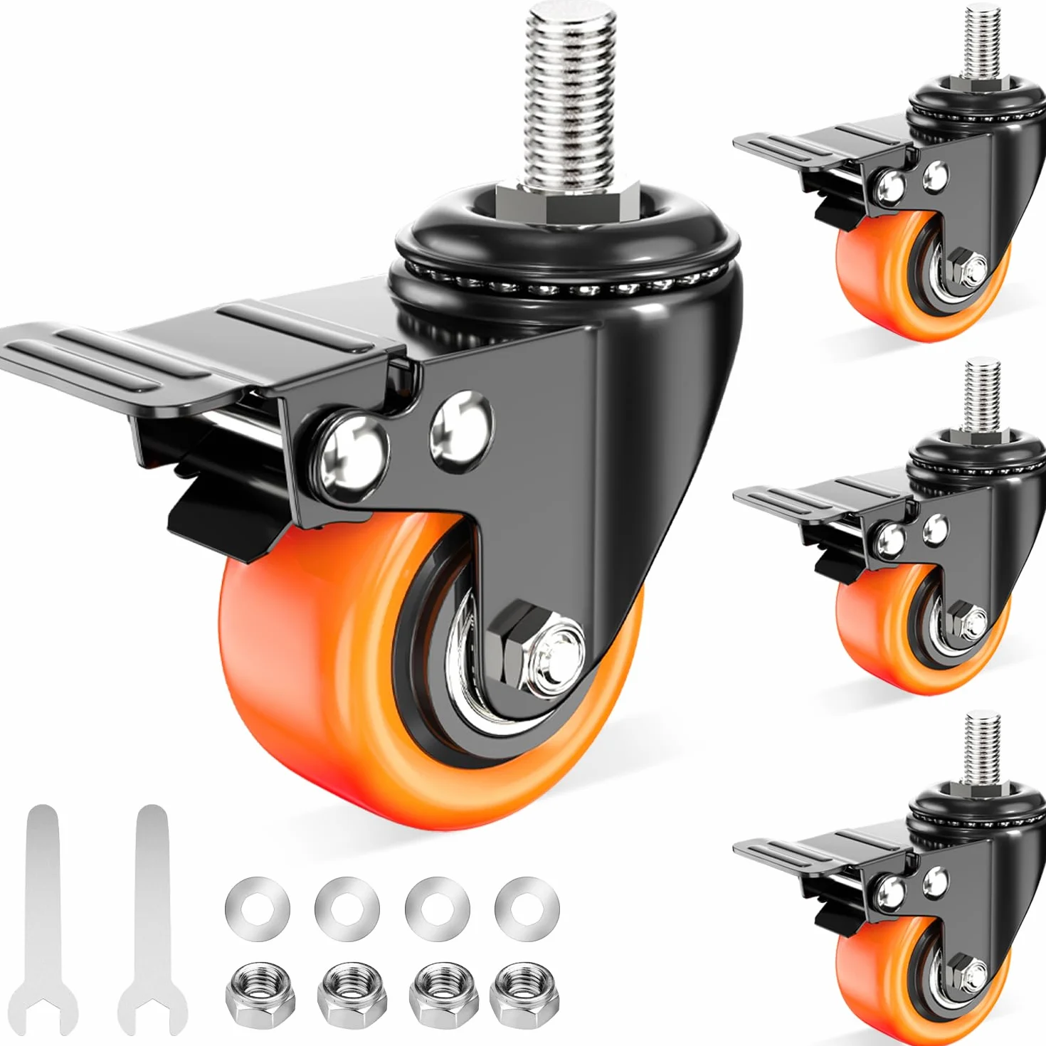 Kółka jezdne, wytrzymałe, 2-calowe, 600 funtów, kółka z gwintowanym trzpieniem 3/8"-16 x 1 (średnica trzpienia 3/8", długość trzpienia 1"), zestaw 4 kółek z blokadą bezpieczeństwa, przemysłowe kółka