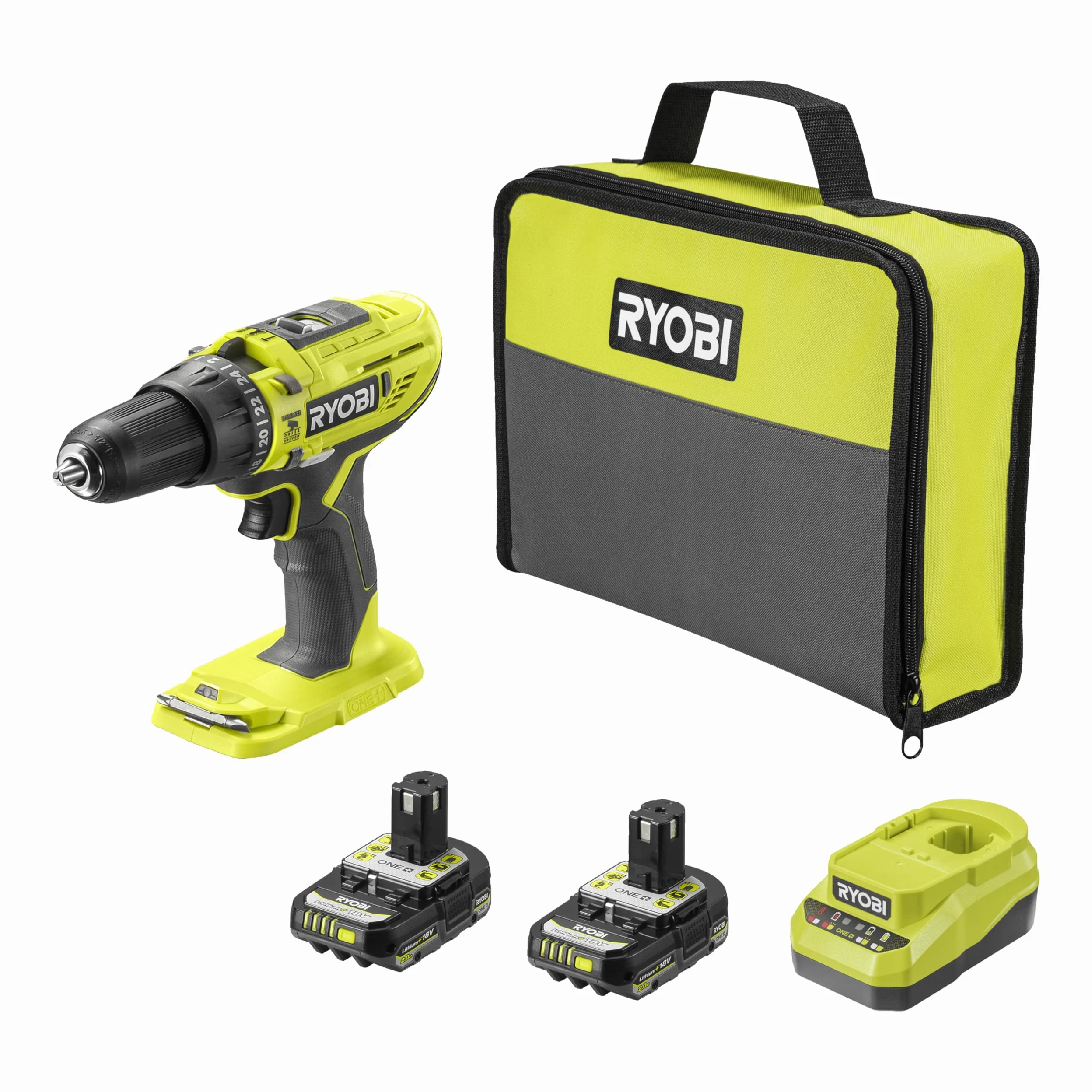 RYOBI Wiertarka udarowa 18 V ONE+ R18PD32-2C20SP, w zestawie 2 x baterie 2,0 Ah i ładowarka