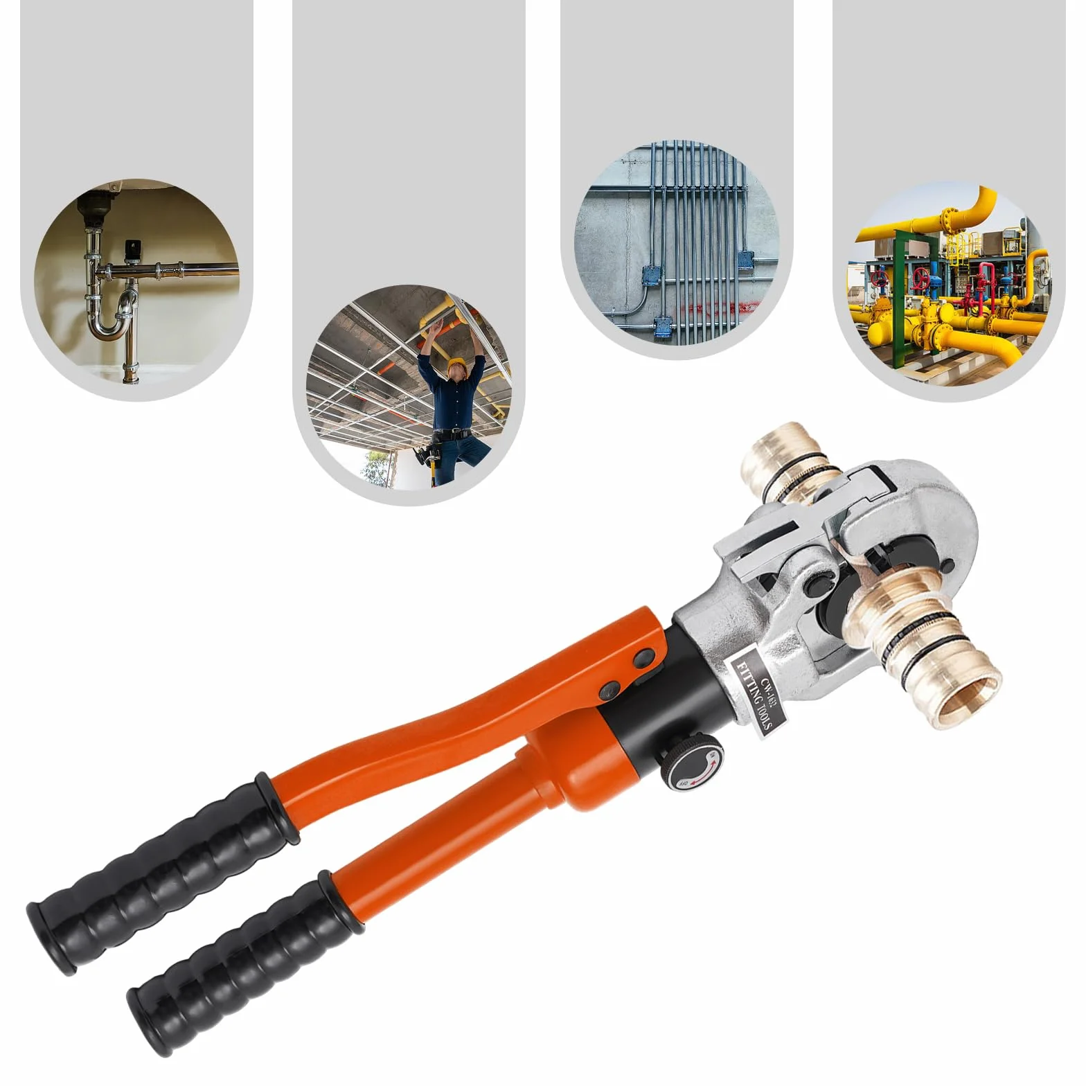 Hydrauliczne szczypce zaciskowe 8 tonów, prasa hydrauliczna, zestaw 5 szczypiec do rur miedzianych, do ogrzewania sanitarnego, warsztatu samochodowego 8T, głowica obrotowa 360°, w zestawie walizka do