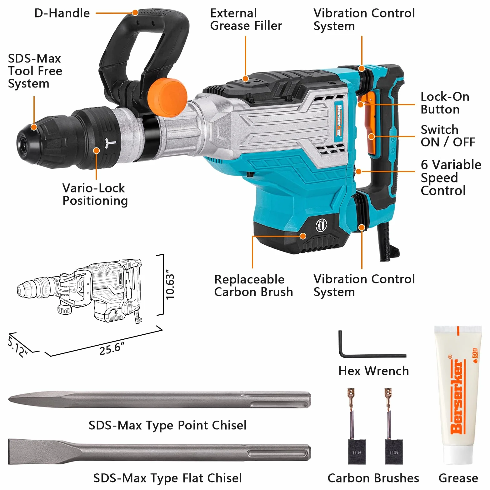 Berserker 1700 W 11.3 kg SDS-Max młot wyburzeniowy 1-9/40.6 cm 14-A przewodowy elektryczny wytrzymały demo młot do odpryskiwania betonu/chodnika z futerałem do przenoszenia dłuta płaskiego