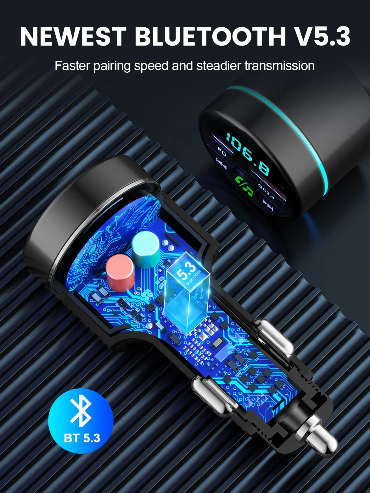 Mohard Nadajnik FM Bluetooth 5.3, całkowicie metalowy samochód Bluetooth, szybka ładowarka samochodowa PD 30 W typ C+ QC3.0, z redukcją szumów podczas rozmów w trybie głośnomówiącym, muzyka Hi-FI,