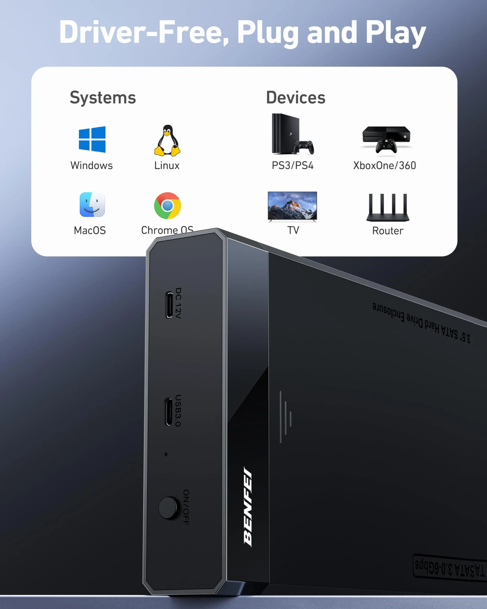 BENFEI Obudowa HDD/SSD SATA 3,5/2,5 cala, konstrukcja bez narzędzi, obsługuje dyski twarde 20 TB i UASP