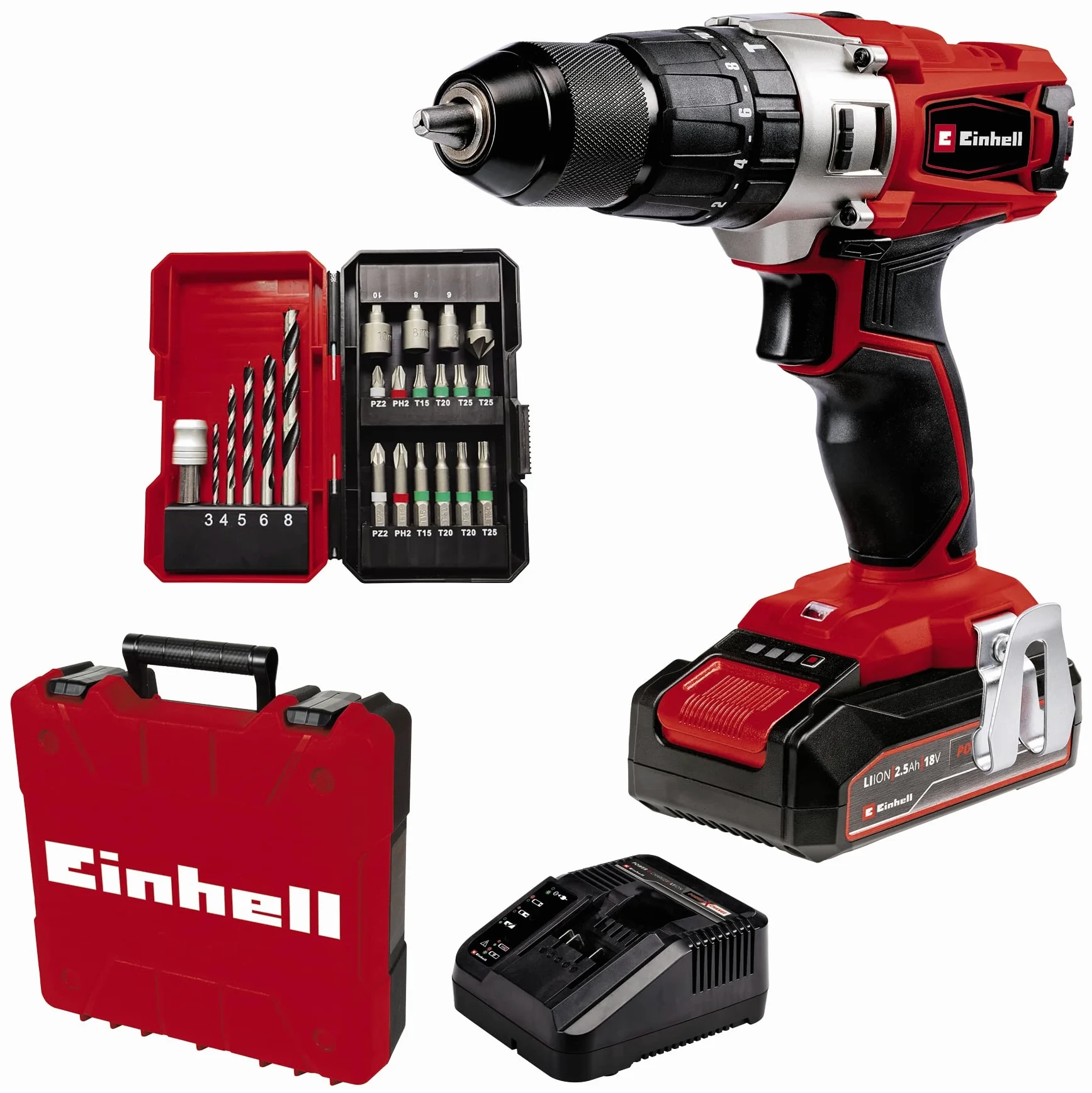 Einhell Akumulatorowa wiertarko-wkrętarka z udarem TE-CD 18/2 Li +22 (1x2,5Ah) Power X-Change (Li-Ion, 18V, 44Nm, 2-bieg. przek., aku. 2,5Ah, szybka ładowarka i 22-cz. skrzynka na bity i kuferek)