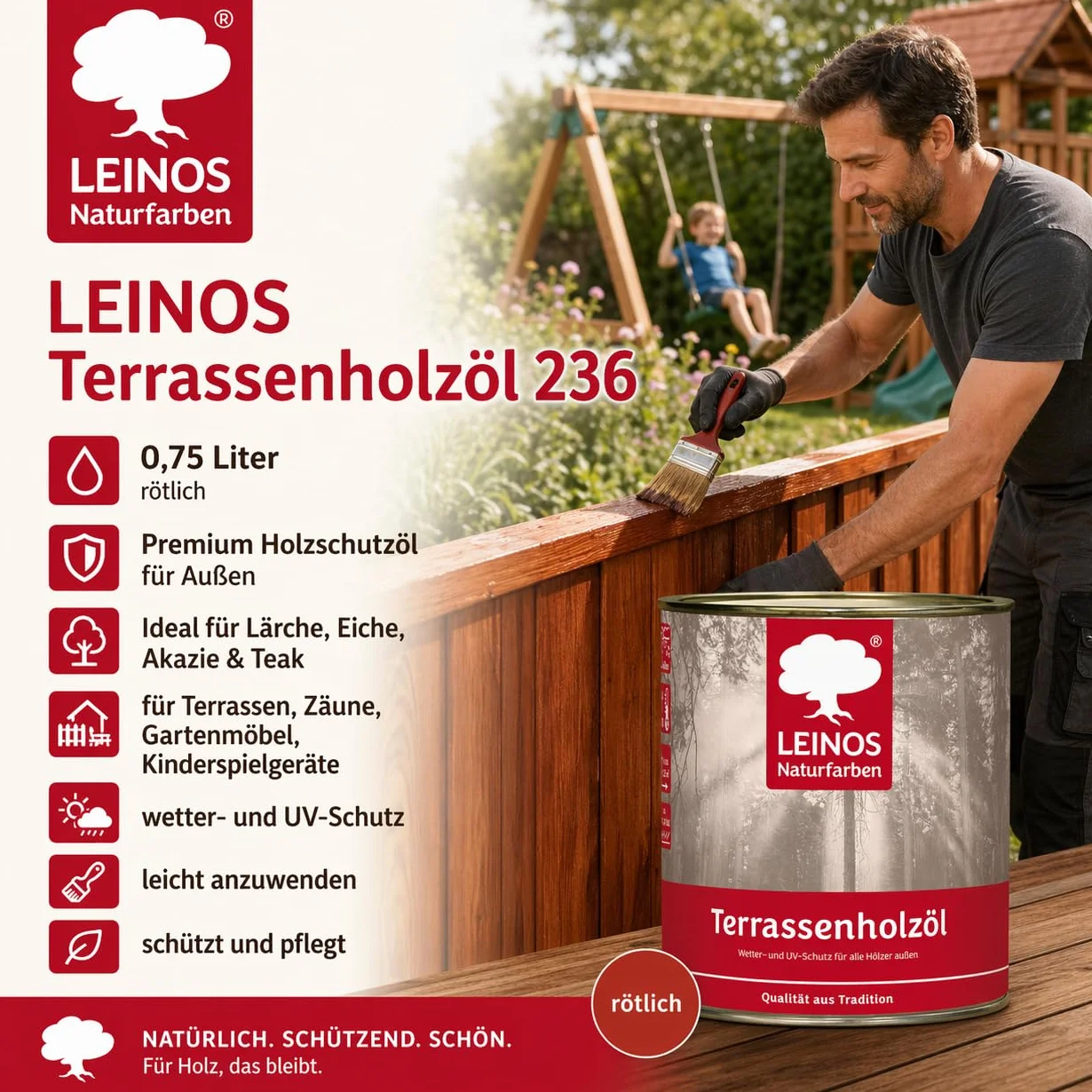 Leinos Olej do drewna tarasowego, 0,75 l, brązowawy olej do ochrony drewna premium do ochrony drewna modrzewiowego, dębu, drewna tekowego i akacji, do mebli ogrodowych i tarasów