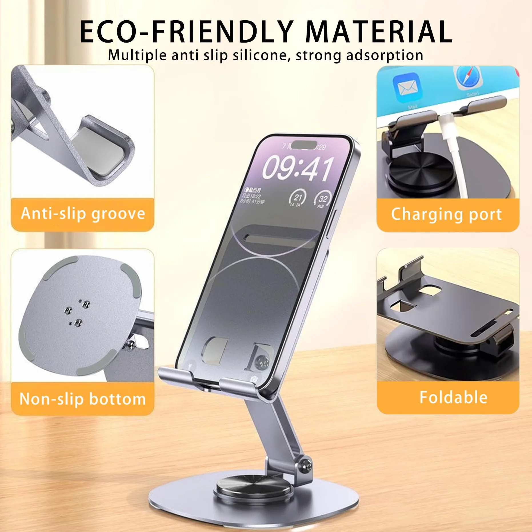 1 SZT Metalowa Stojak na Telefon, Regulowany Holder na Tableta, Składany Stojak Biurkowy, Przenośny Design, Obracająca się 360° Podstawa z Powłoką Antypoślizgową, do Biura, Domu i Podróży (Szary)