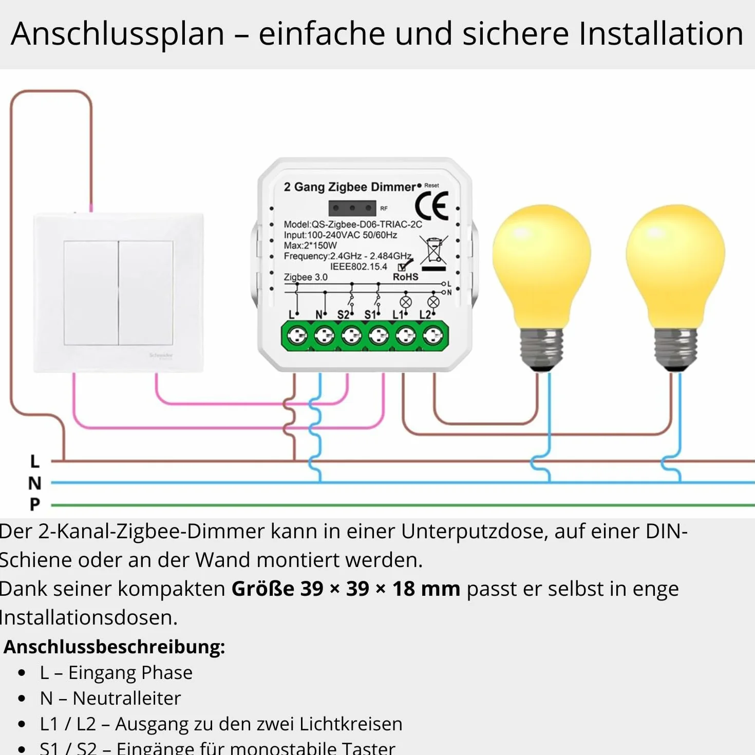 2 GANG Dimmer ściemniacz TUYA Zigbee MINI V3 sterownik oświetlenia