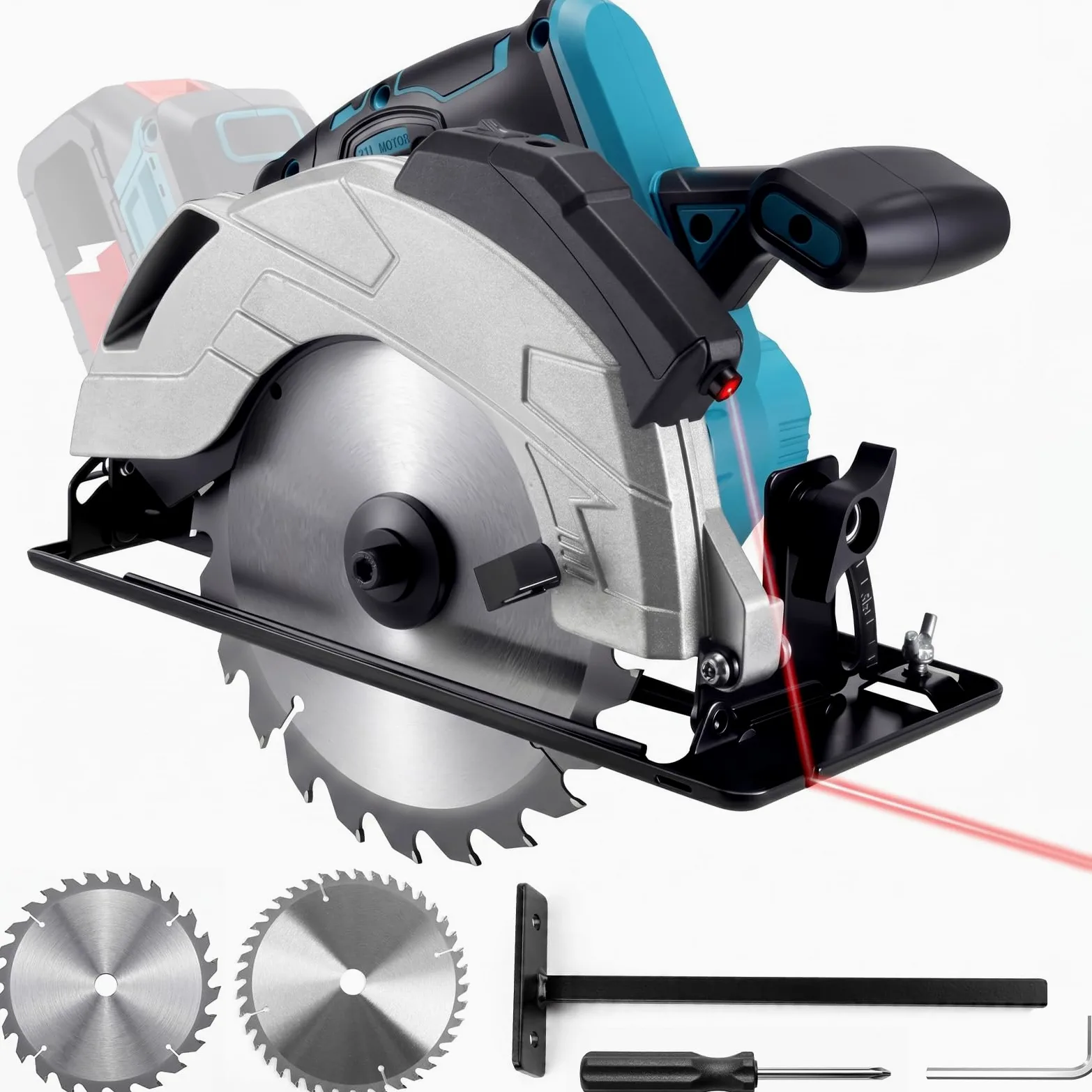 Akumulatorowa ręczna piła tarczowa 185 mm, kompatybilna z Makita 18 V – elektryczna piła tarczowa z wbudowaną prowadnicą laserową, silnik bezszczotkowy, 5000 obr./min, cięcie ukośne 0-45°, w zestawie