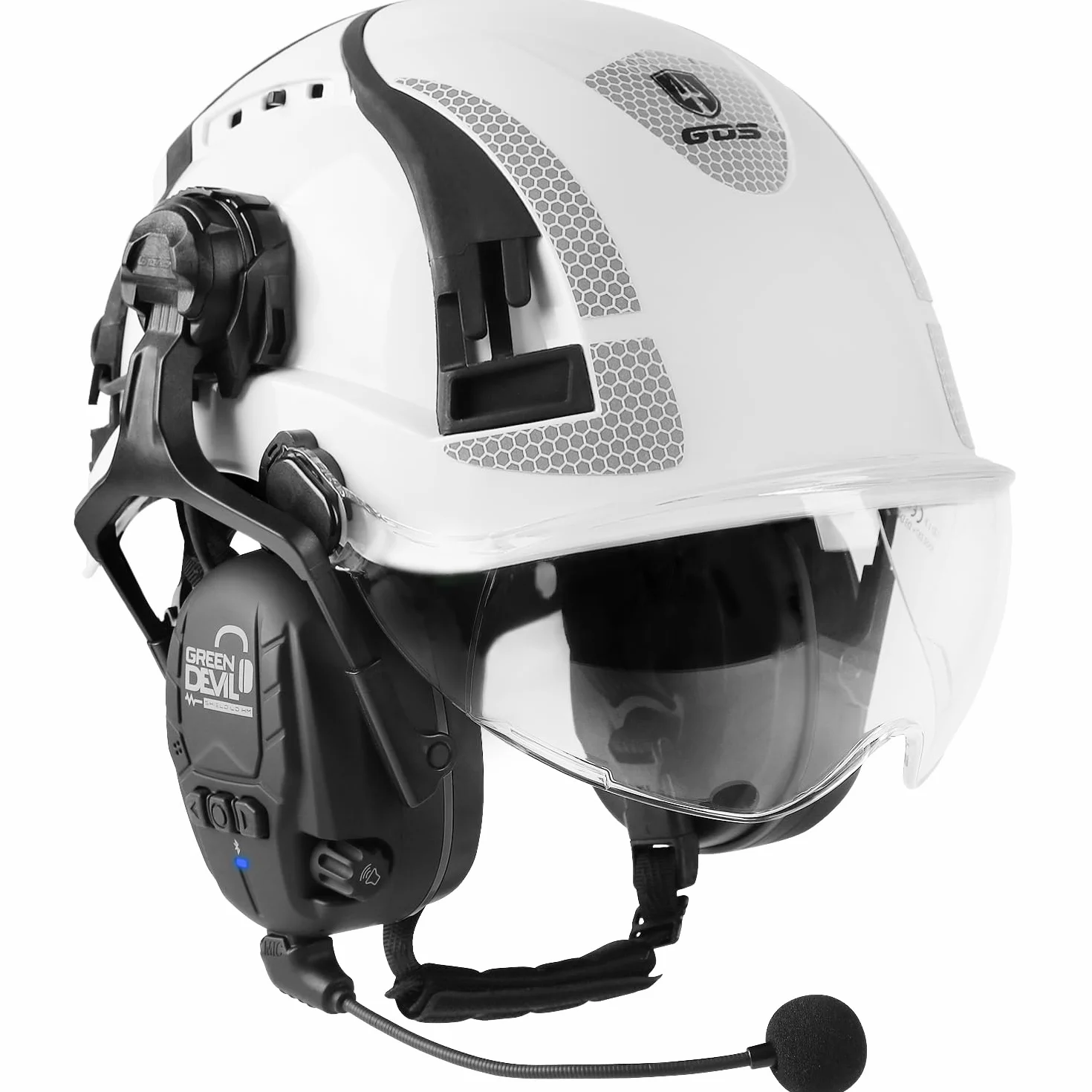 GREEN DEVIL X-Armor kask ochronny z aktywną ochroną słuchu i przezroczystym wizjerem, kask roboczy ABS, EN 397, kask przemysłowy zgodny z normą EN352 SNR 32 dB z Bluetooth