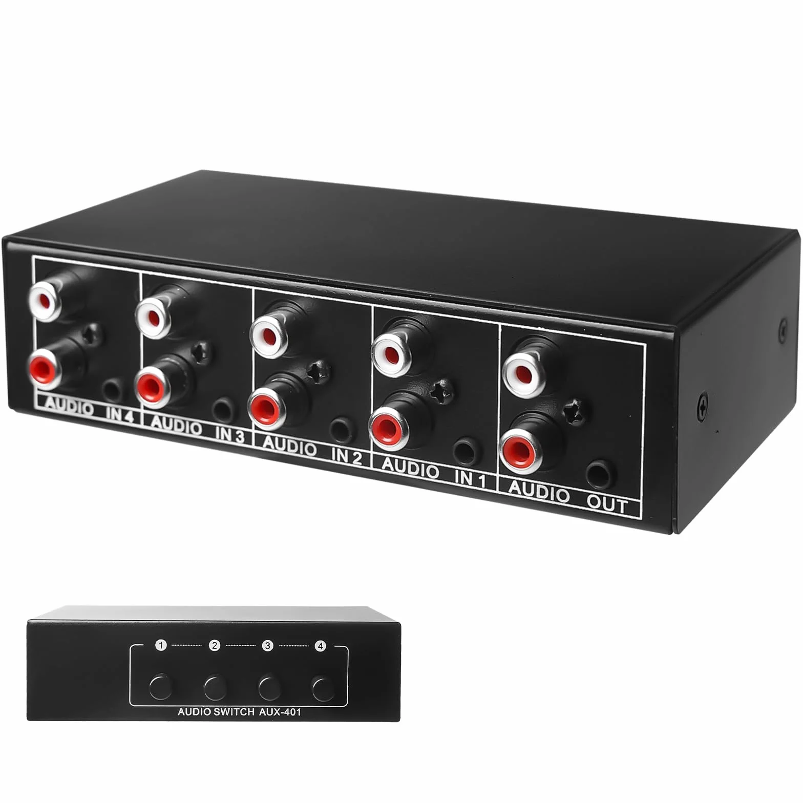 Aicharynic Przełącznik audio, przełącznik audio 4 w 1 wyjście, przełącznik audio pomocniczy 3,5 mm + RCA L/R, dwukierunkowy przełącznik audio, pole wyboru audio, rozdzielacz audio