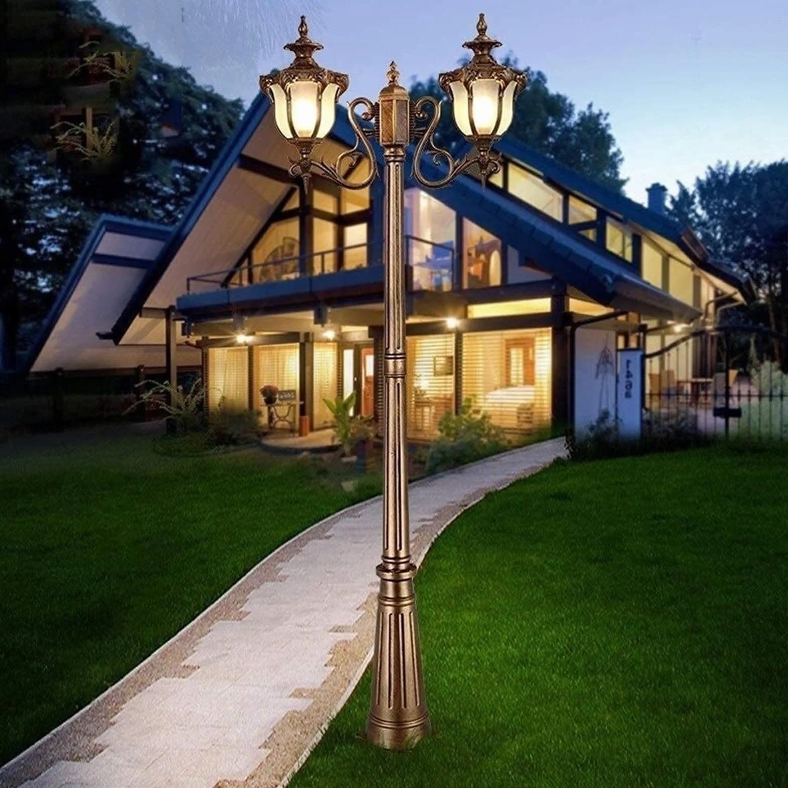 Lampy Solarne Na Słupku, Zewnętrzne Lampy Ogrodowe, Zewnętrzne Lampy Ogrodowe Na Słupku, Lampa Uliczna E27, Wodoodporna, Aluminiowa, Szklana, W Stylu Vintage, Podwój,2.4m