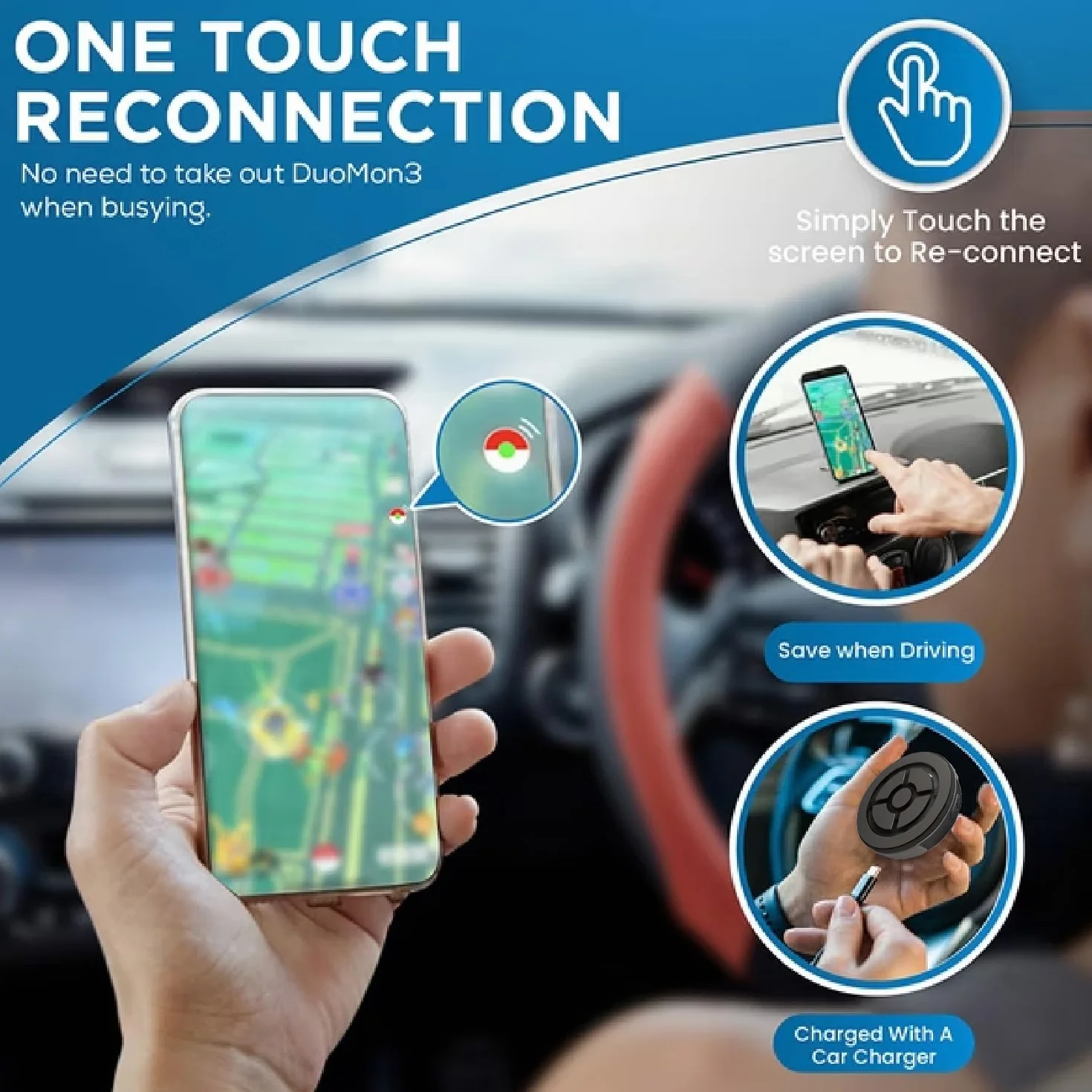 MEGACOM DuoMon 3 Standard Auto Catch Spin Device Wireless Bluetooth 20m Vibration Notifications Dual Charging Player iOS 14+ Android 8+