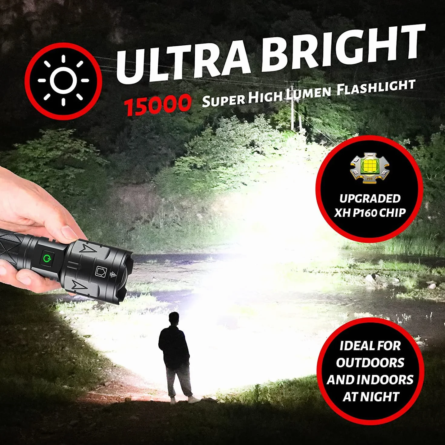 Latarka LED ładowana, latarka XHP160 LED 15 000 lumenów, akumulator 8800 mAh wystarcza na 12 godzin, latarka LED, bardzo jasna, z 5 trybami, do biwakowania, wędrówek, na zewnątrz
