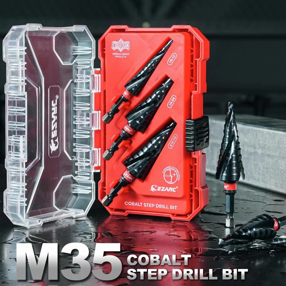 Zestaw 3 wierteł stopniowych do metalu, 1/8"-7/8", trzpień sześciokątny 1/4", m35 kobalt, powłoka altin odporna na zużycie