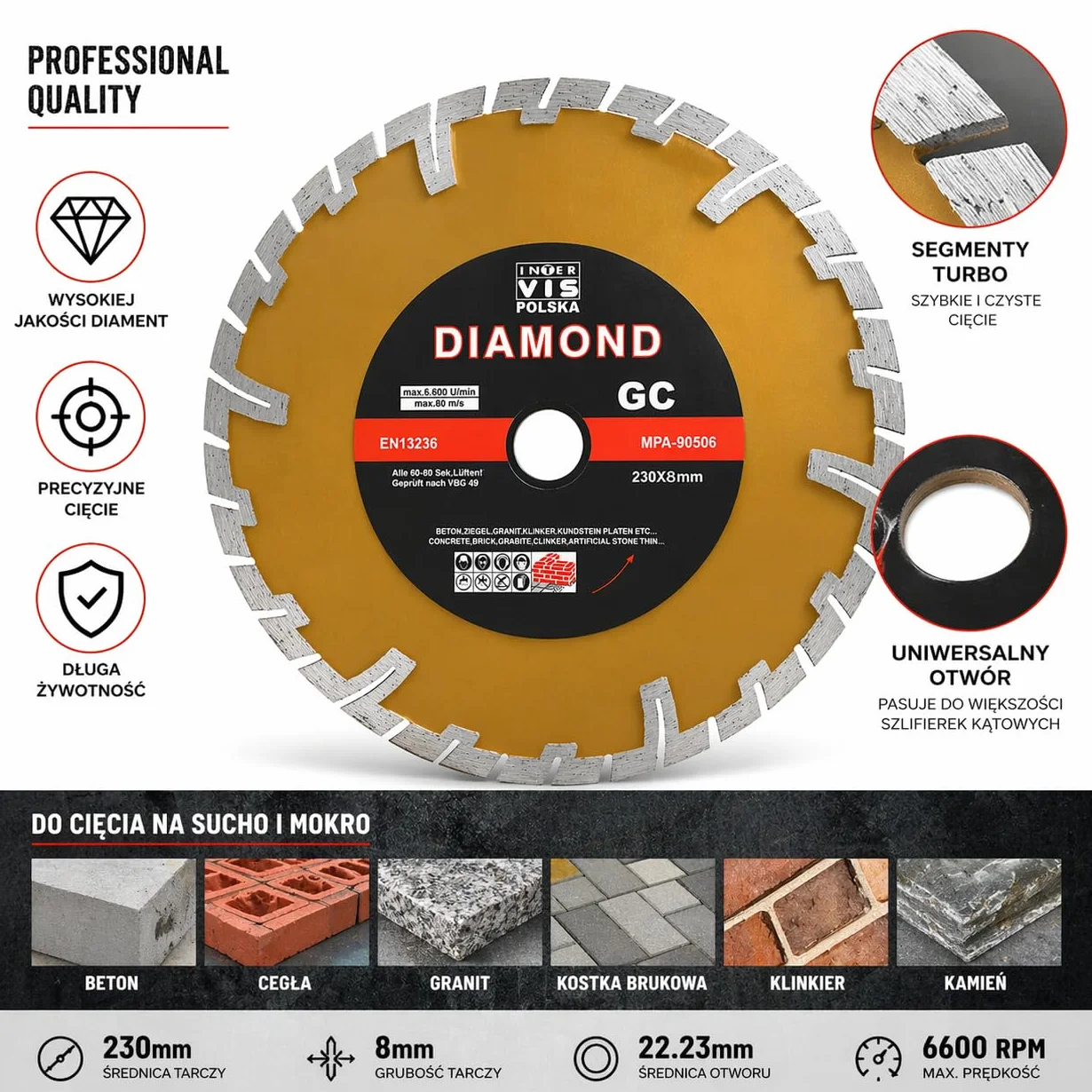Tarcza diamentowa 230 mm do betonu kostki brukowej cegły 22,2 mm cięcie głębokie do szlifierki kątowej