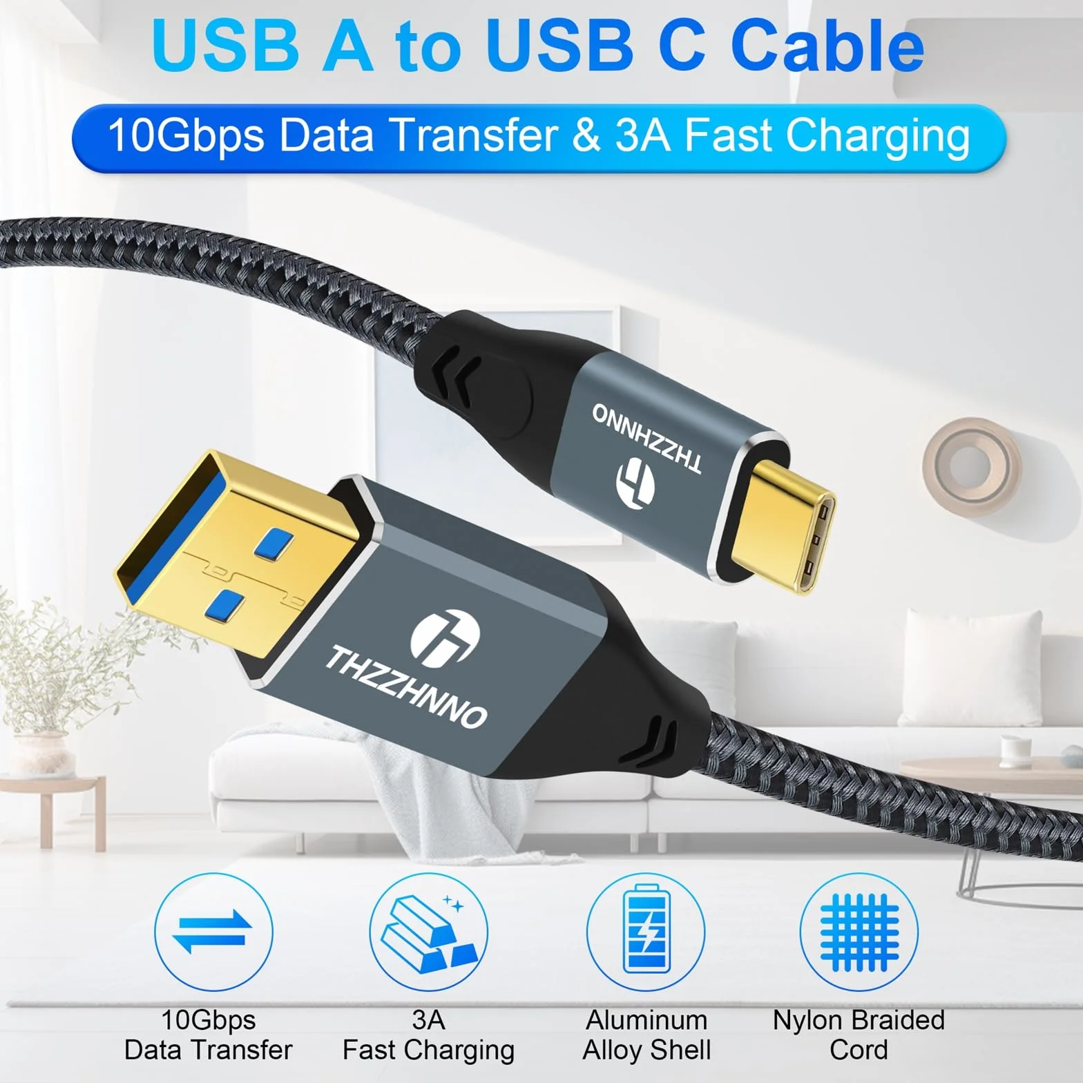 Kabel USB A na USB C 0.5m USB 3.2 Gen2 10 Gbps Nylonowy Oplot do Samsung Galaxy MacBook Pro iPad Pro
