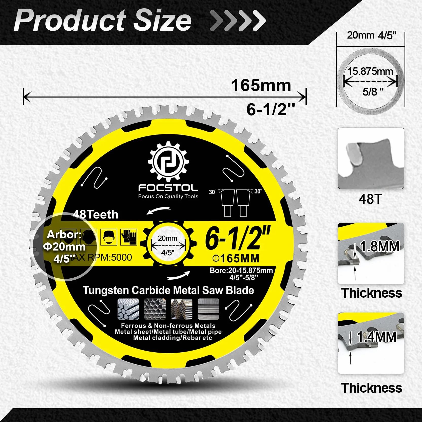 FOCSTOL Tarcza tarczowa do metalu 165 mm x 20 mm x 15,875 mm, 5 szt. twardych metalowych tarcz z 48 zębami do stali nierdzewnej, rur stalowych, żelaznych