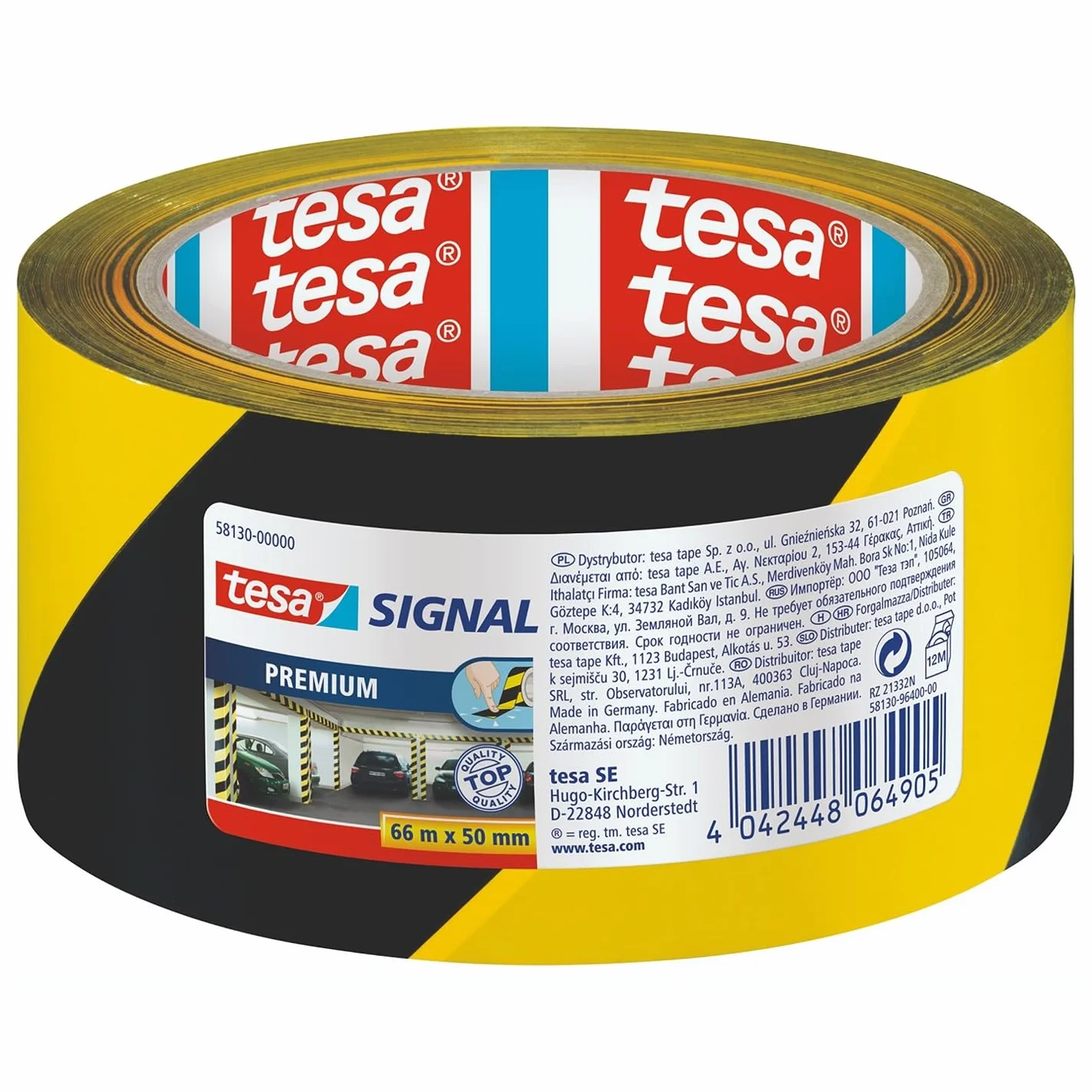 tesa Signal samoprzylepna taśma ostrzegawcza do oznaczania stref niebezpiecznych – wykonana z wytrzymałego PCW – 66 m x 50 mm – czarna/żółta