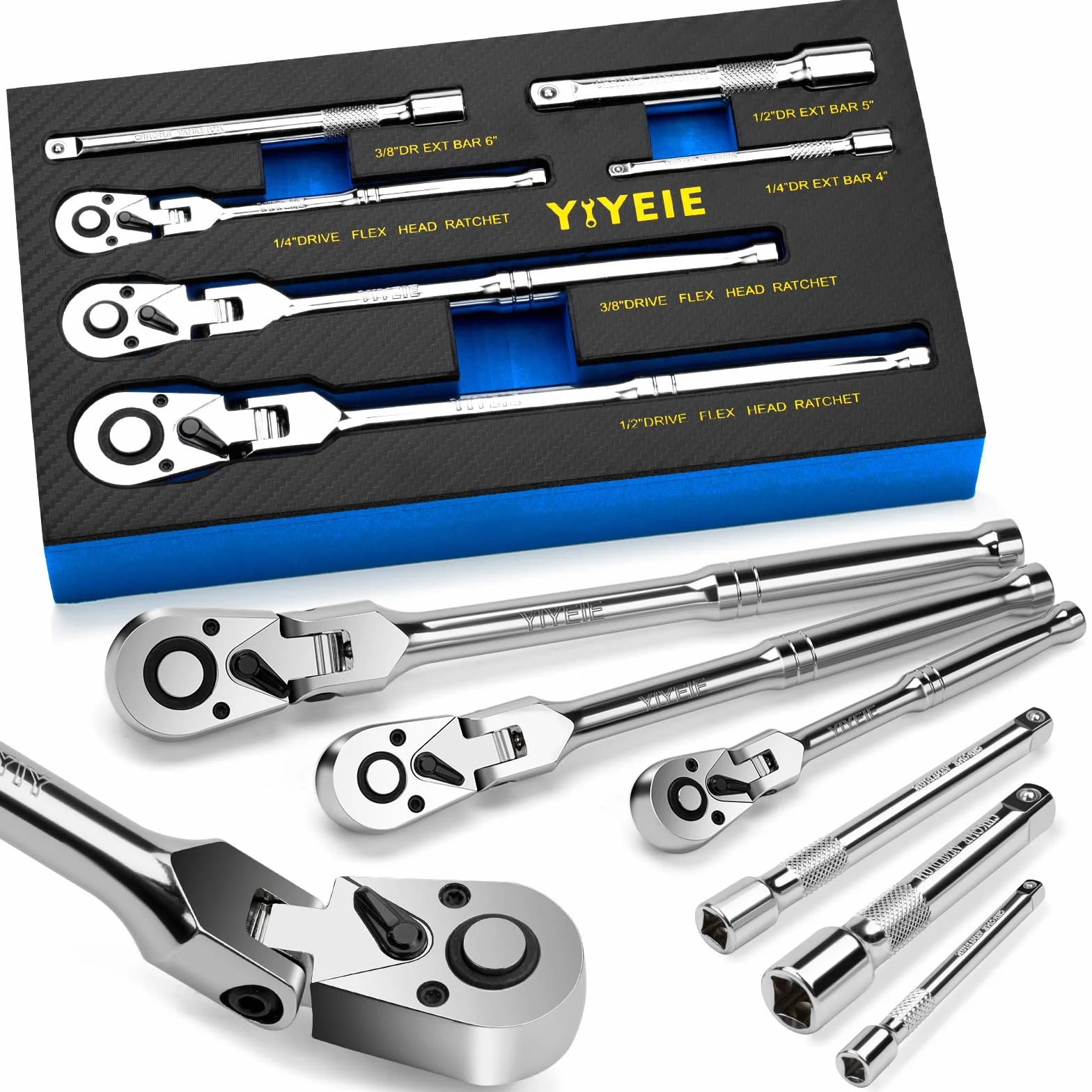 YIYEIE 6-częściowy zestaw kluczy nasadowych z grzechotką 1/4", 3/8", 1/2" z drążkiem przedłużającym, regulowany w zakresie 180°, 72 zęby, szybkie zwalnianie, stal Cr-V, zestaw grzechotki obrotowej z