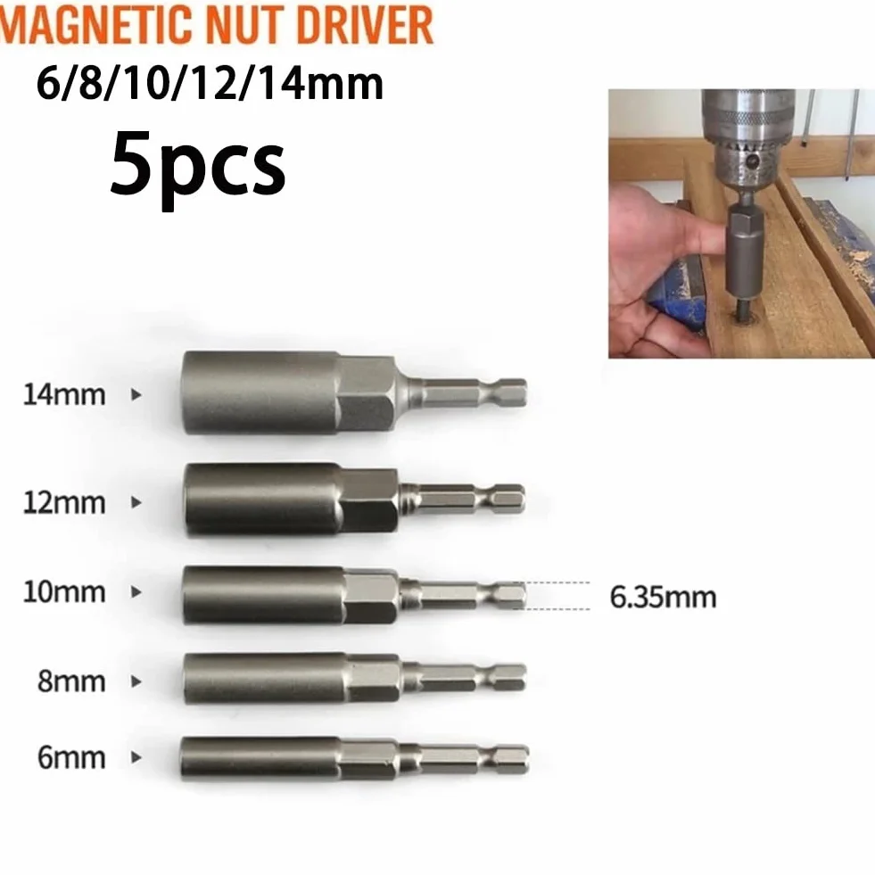 5pc Hex Sockets Kit 6mm/8mm/10mm/12mm/14mm Magnetic Socket Adapter Impact Nut Bolt Drill Bit Set For Pneumatic Screwdriver
