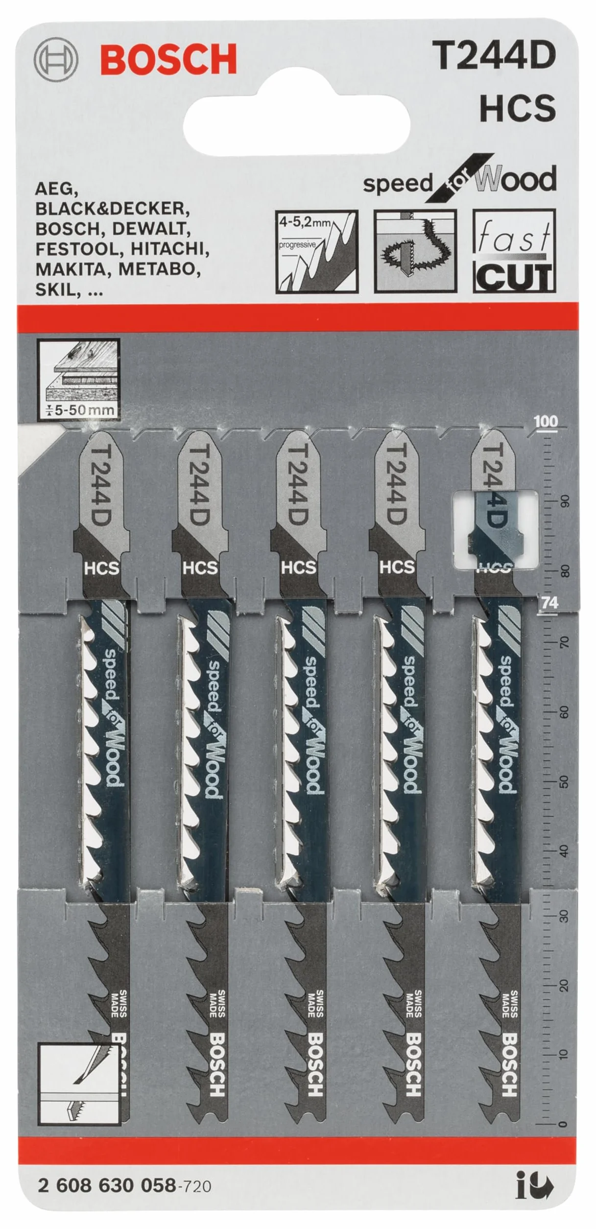 Bosch 5 x brzeszczot T 244 D Speed do drewna (do miękkiego drewna, cięcia łukowego, profesjonalne akcesoria wyrzynarka)