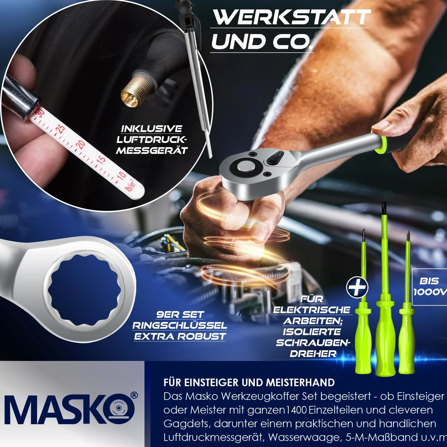 MASKO Walizka narzędziowa 1400-częściowa wypełniona | zestaw narzędzi w walizce aluminiowej | skrzynka na narzędzia z kółkami | skrzynka narzędziowa do domu, domu, hobby, samochodu | funkcja wózka |